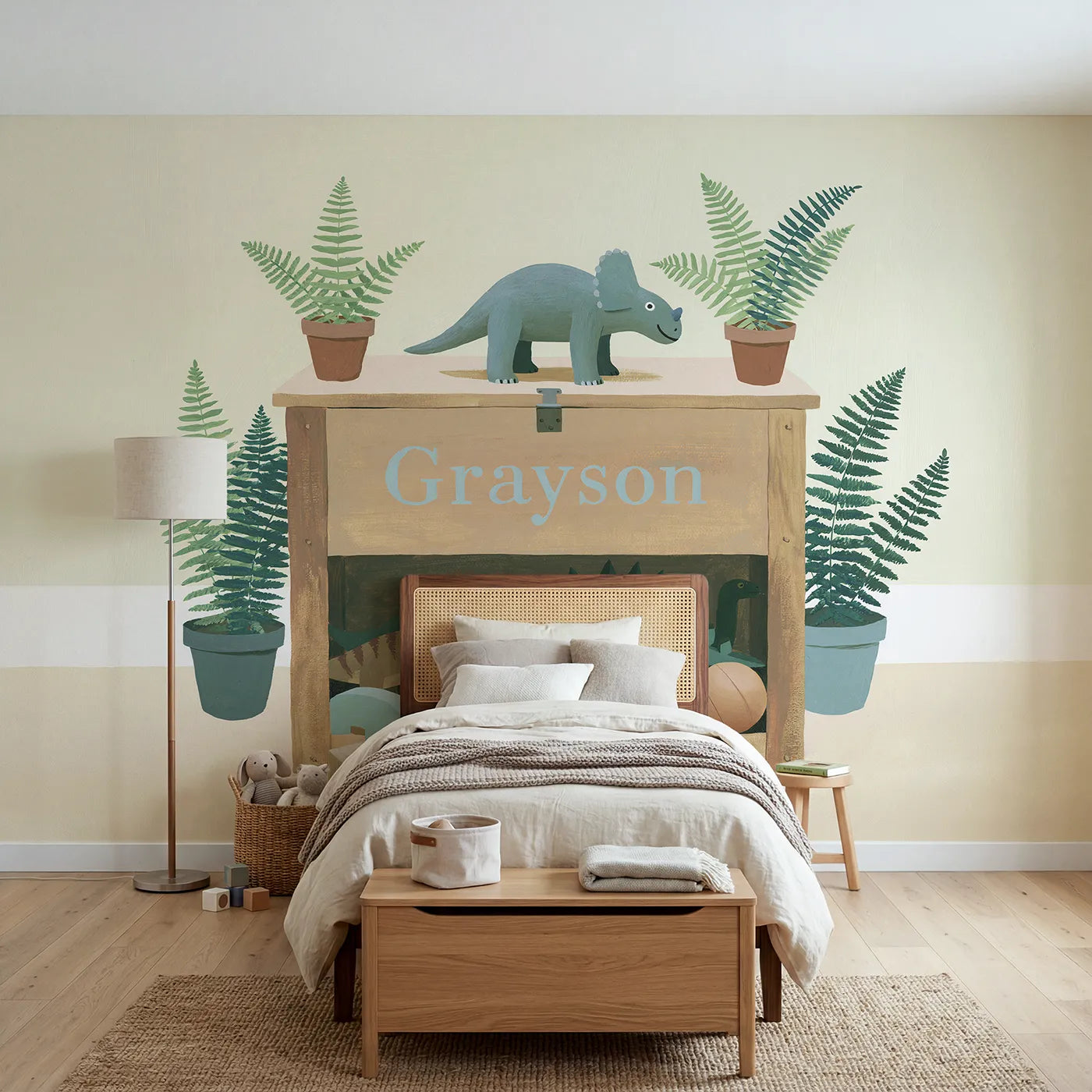 Modern illustration dinosaur toy box personalized wall mural with painted front panel by Whimsy Tots