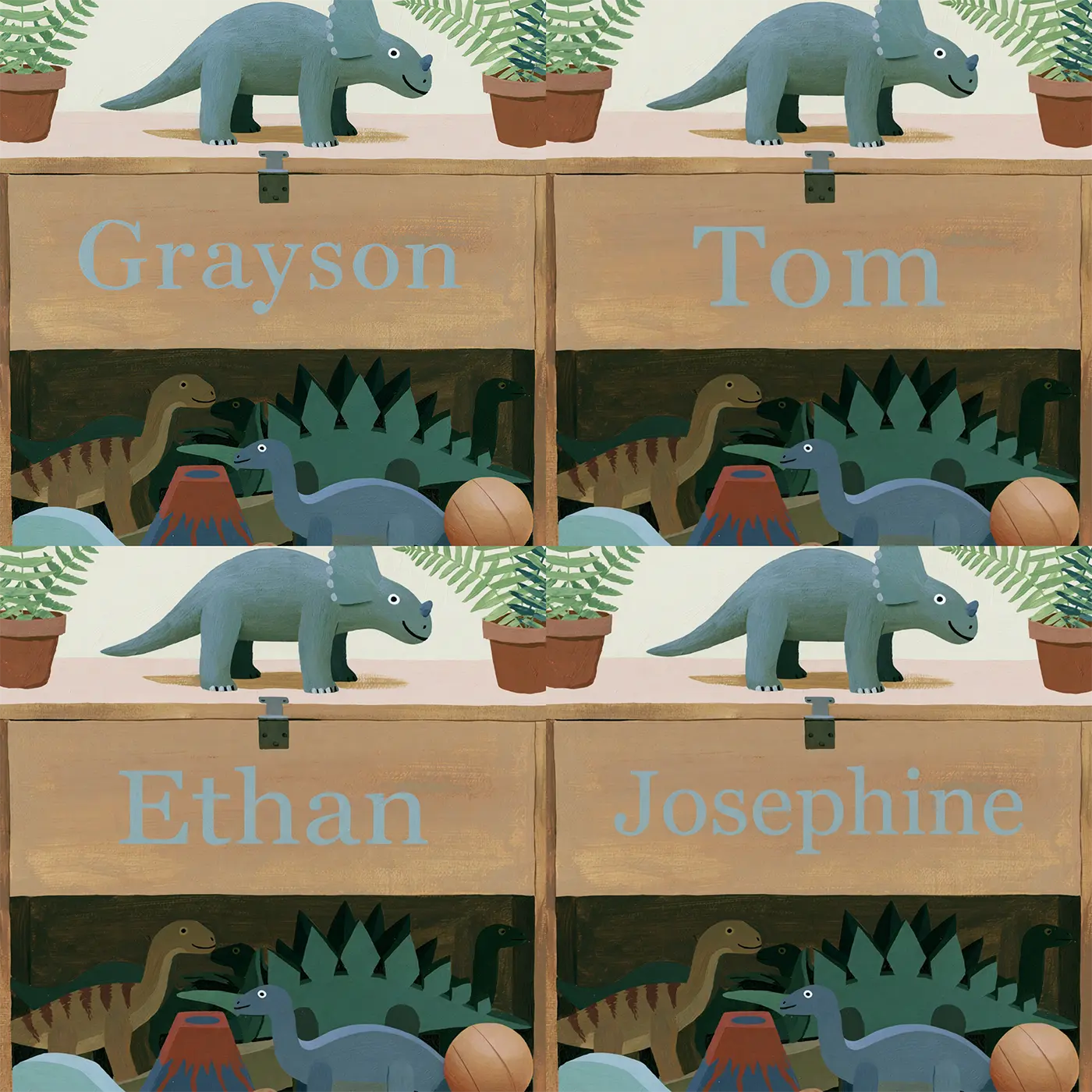 Four name preview examples of Flat Dino Toy Box Personalized Wall Mural by Whimsy Tots