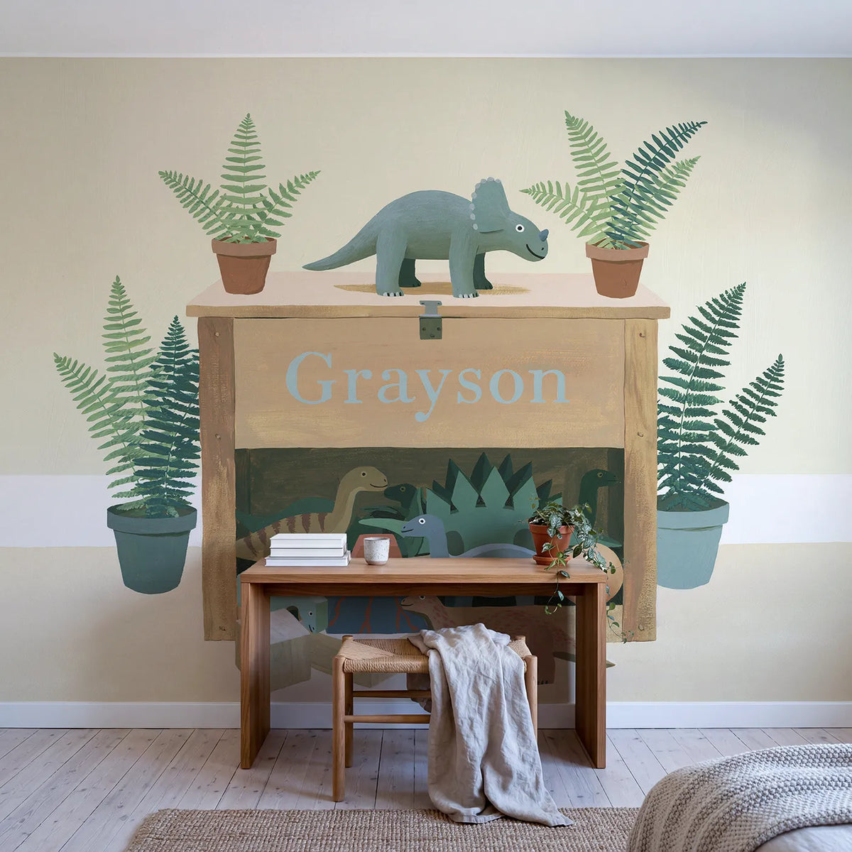 Flat Dino Toy Box Personalized Wall Mural in playroom setting by Whimsy Tots