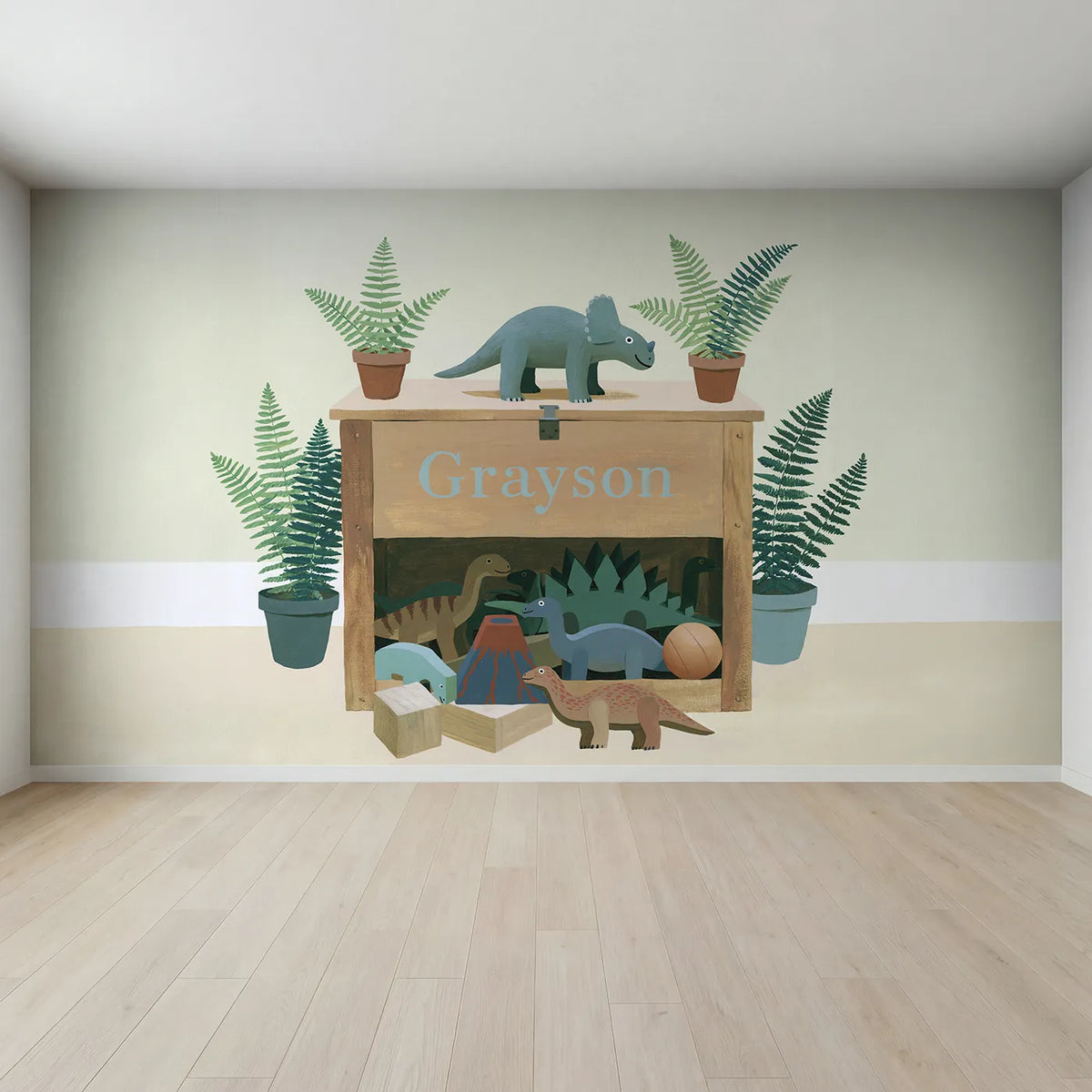 Full view of Flat Dino Toy Box Personalized Wall Mural by Whimsy Tots