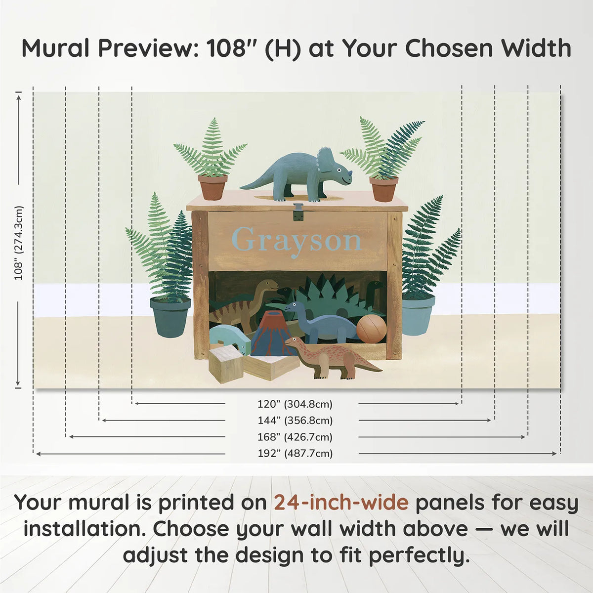Panel layout and dimensions for Flat Dino Toy Box Personalized Wall Mural by Whimsy Tots
