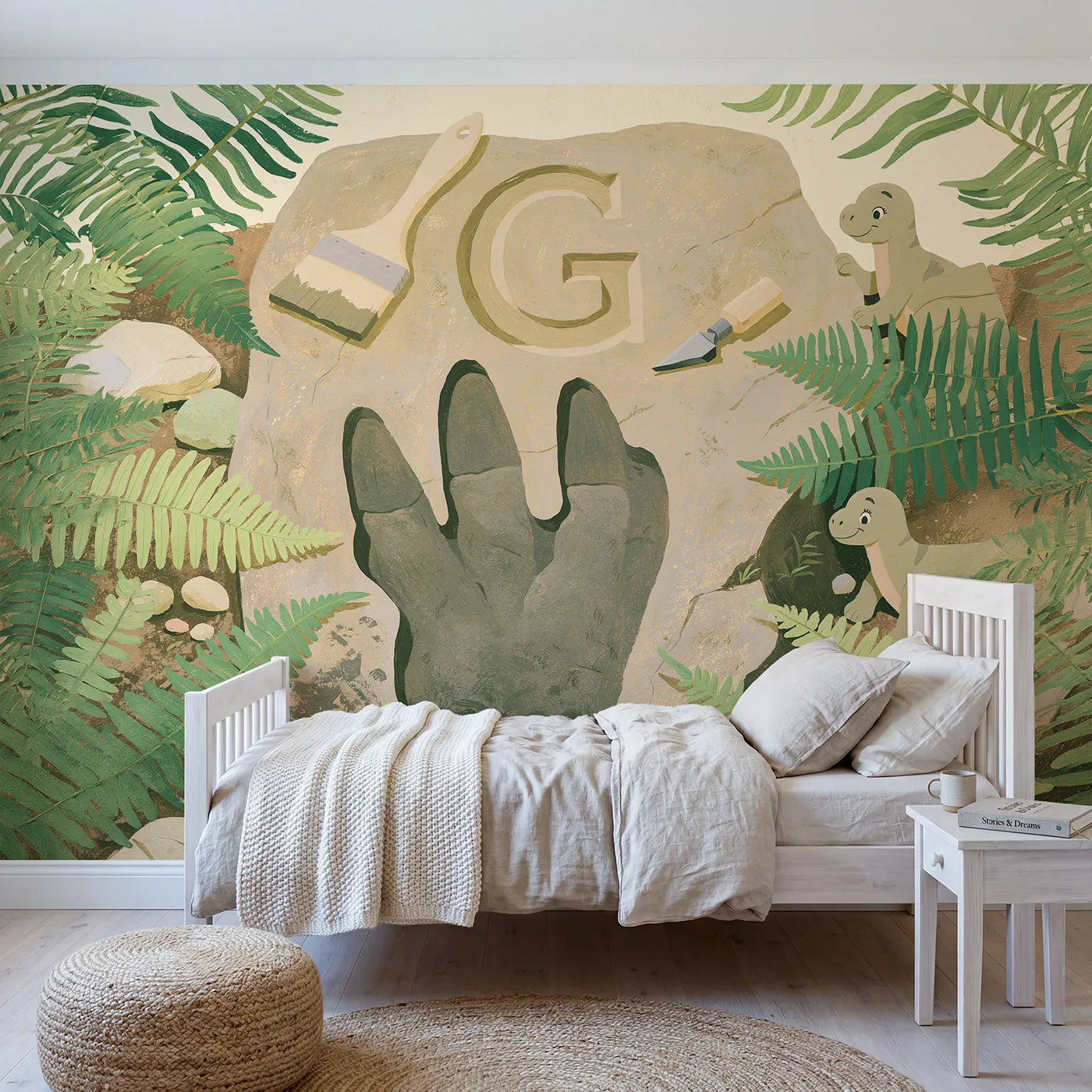 Modern illustration fossil footprint personalized wall mural with pressed stone initial by Whimsy Tots