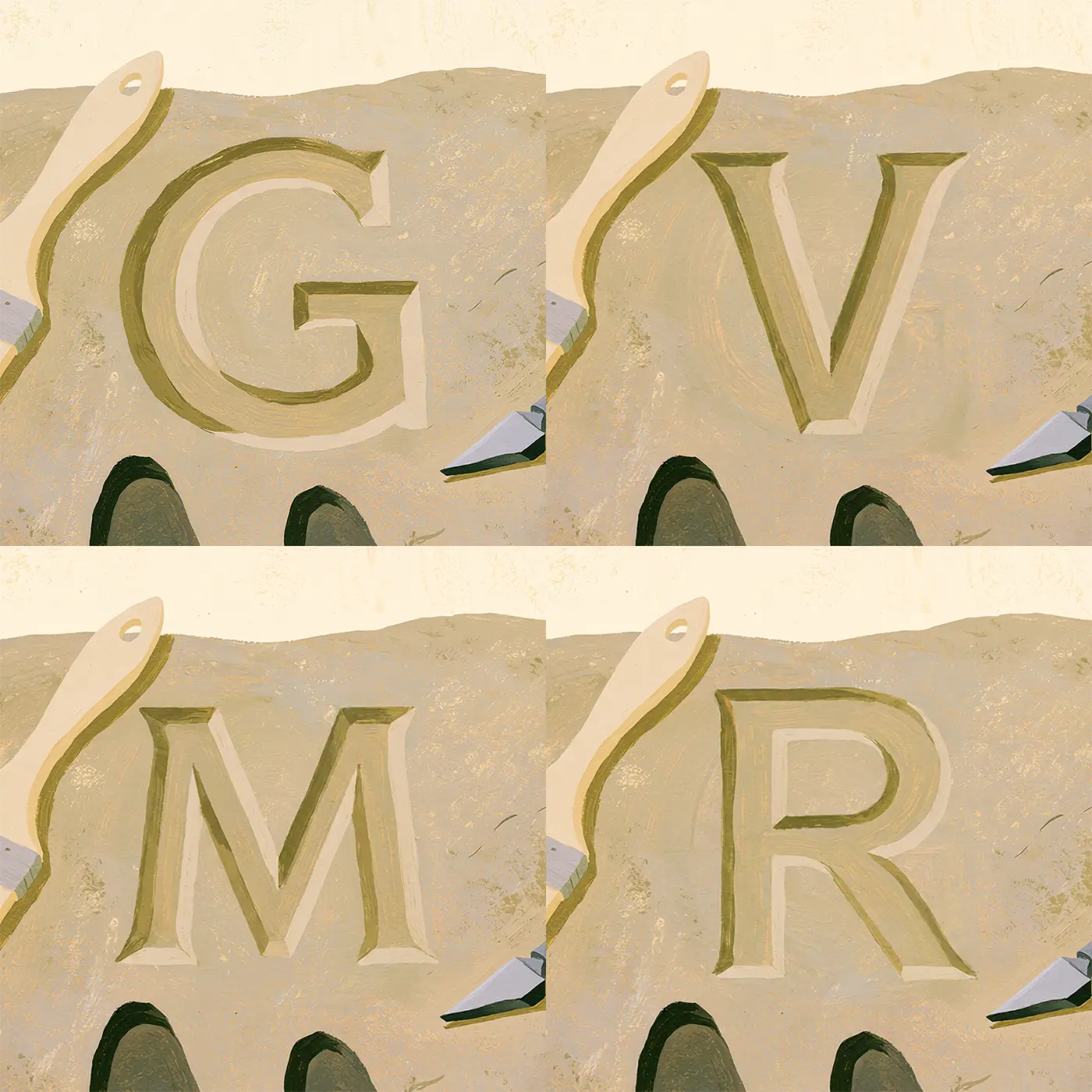 Four name preview examples of Flat Fossil Footprint Personalized Wall Mural by Whimsy Tots