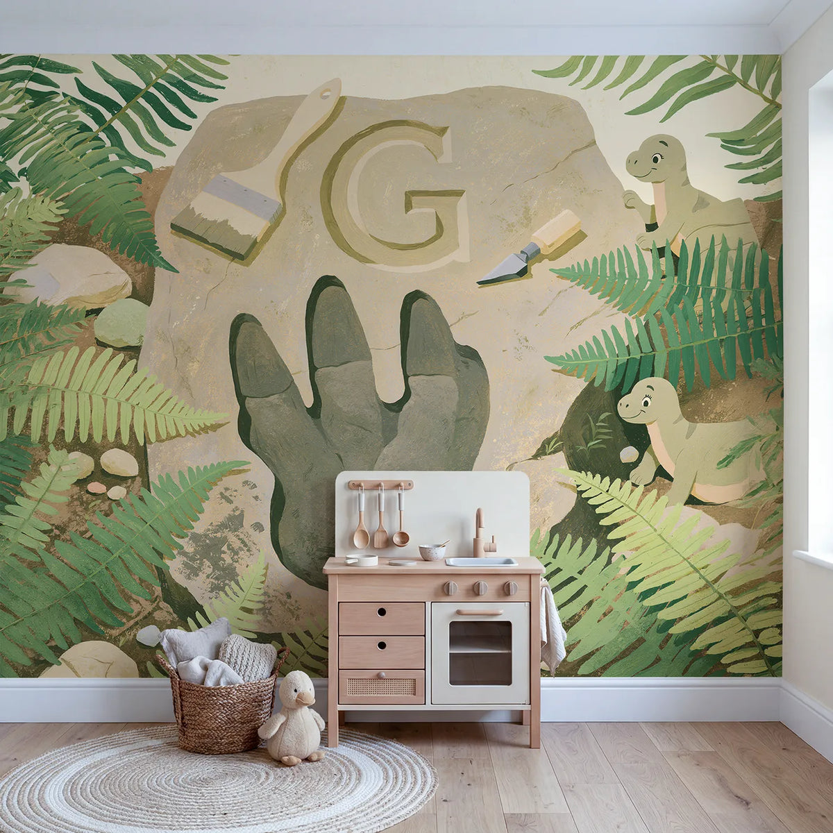 Flat Fossil Footprint Personalized Wall Mural in playroom setting by Whimsy Tots