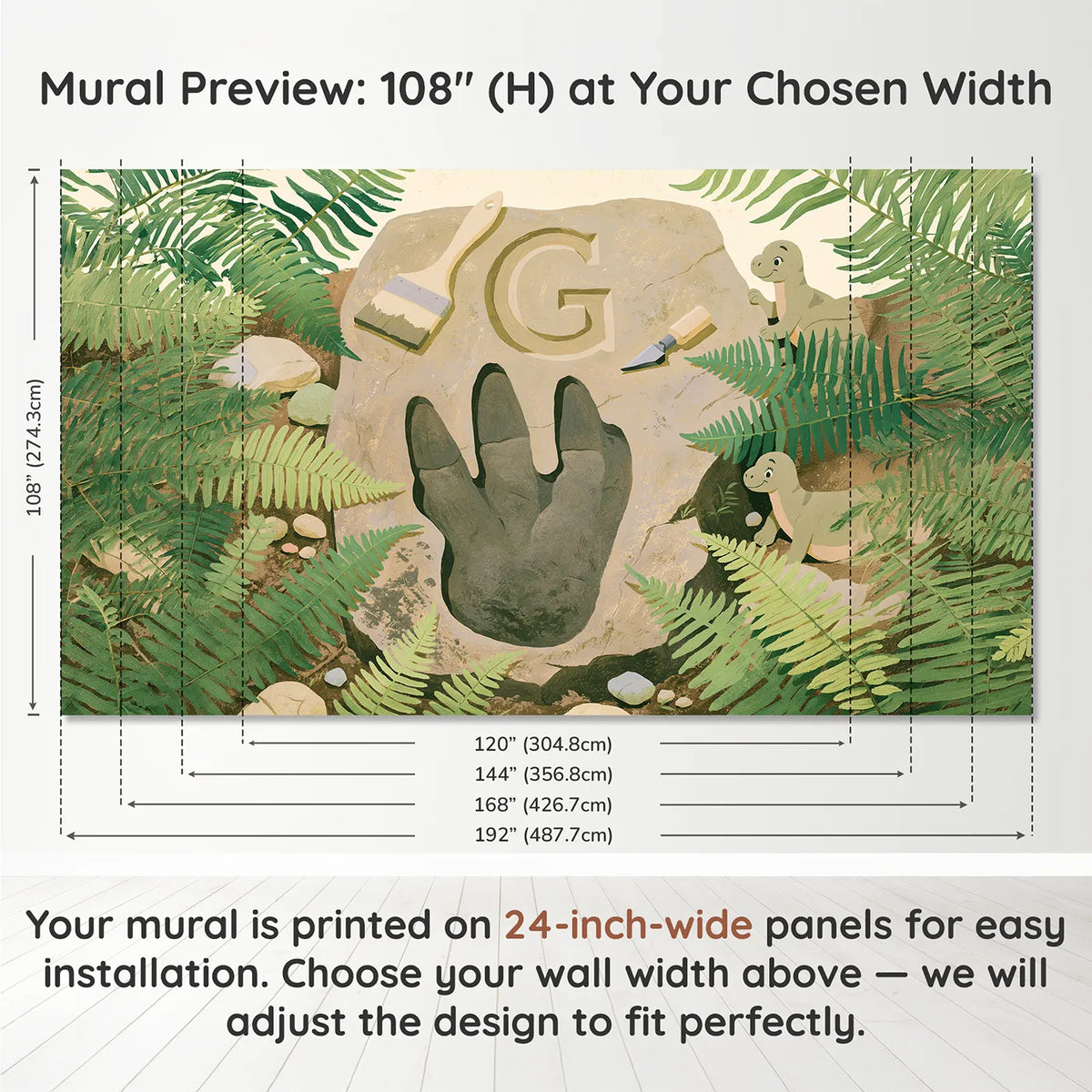 Panel layout and dimensions for Flat Fossil Footprint Personalized Wall Mural by Whimsy Tots