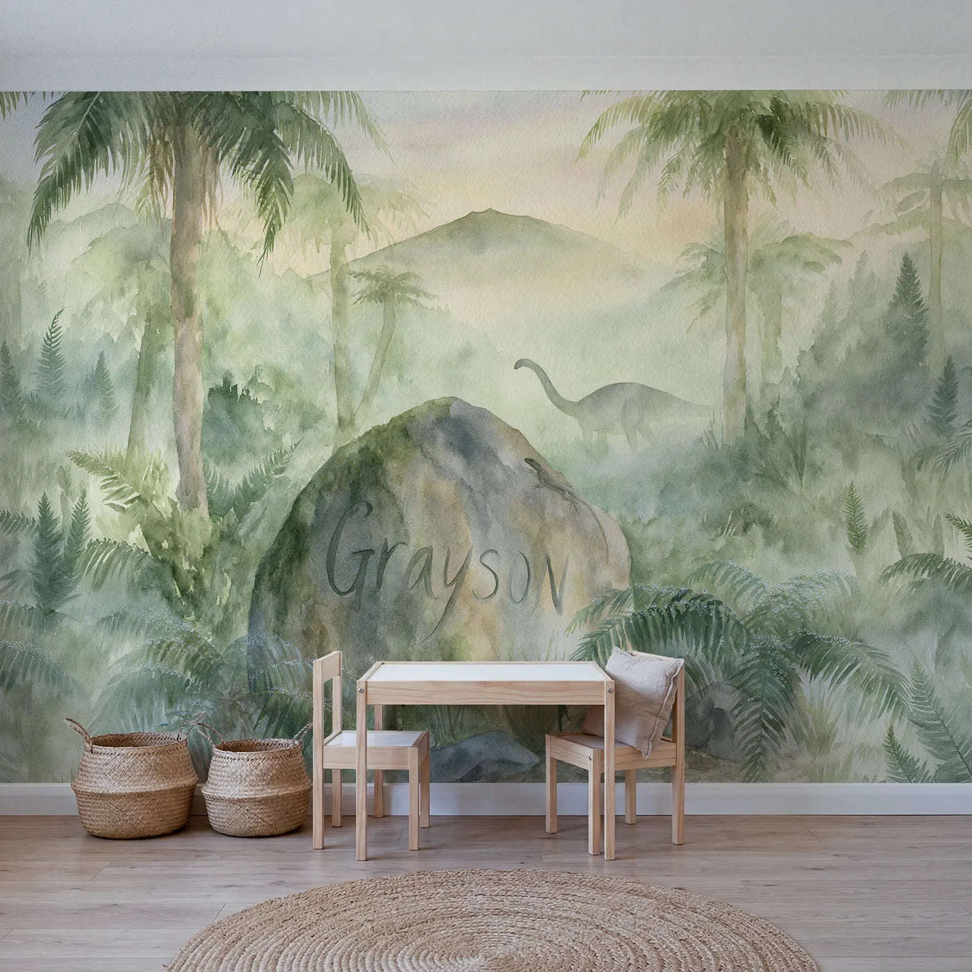 Watercolor misty fern valley boulder personalized wall mural with carved bold script by Whimsy Tots