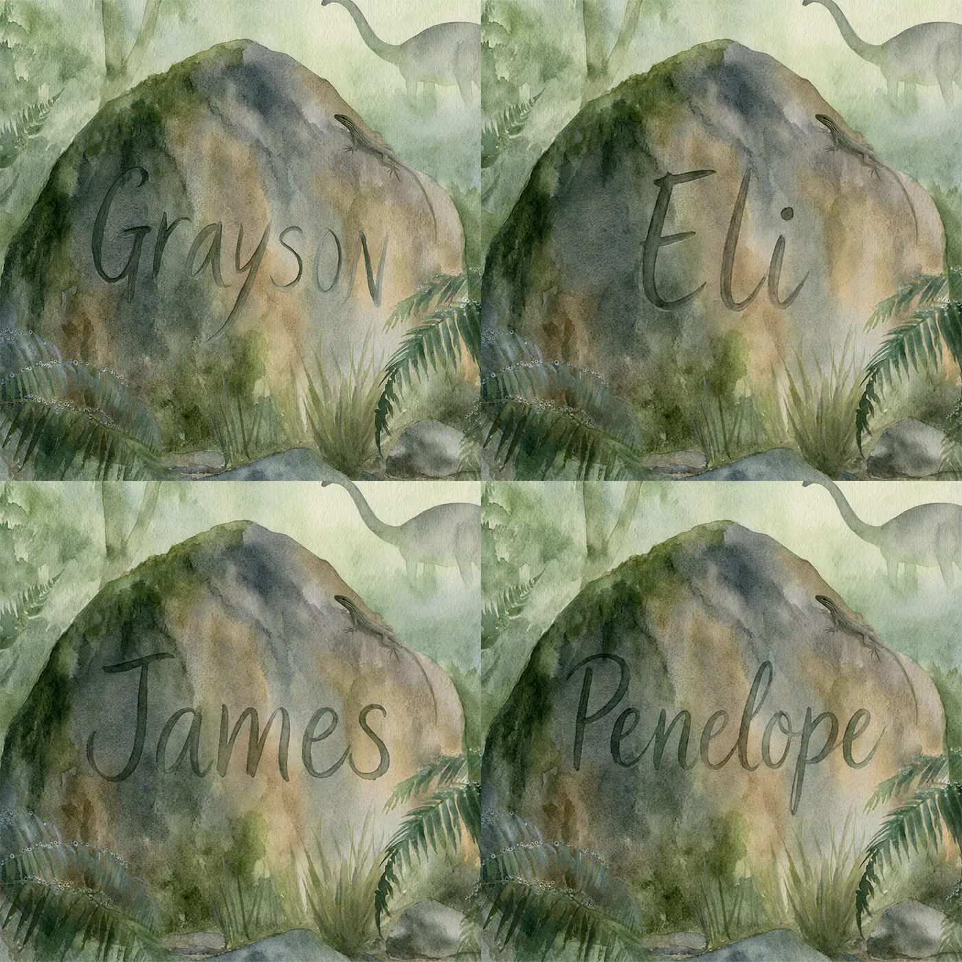 Four name preview examples of Misty Fern Valley Boulder Personalized Wall Mural by Whimsy Tots