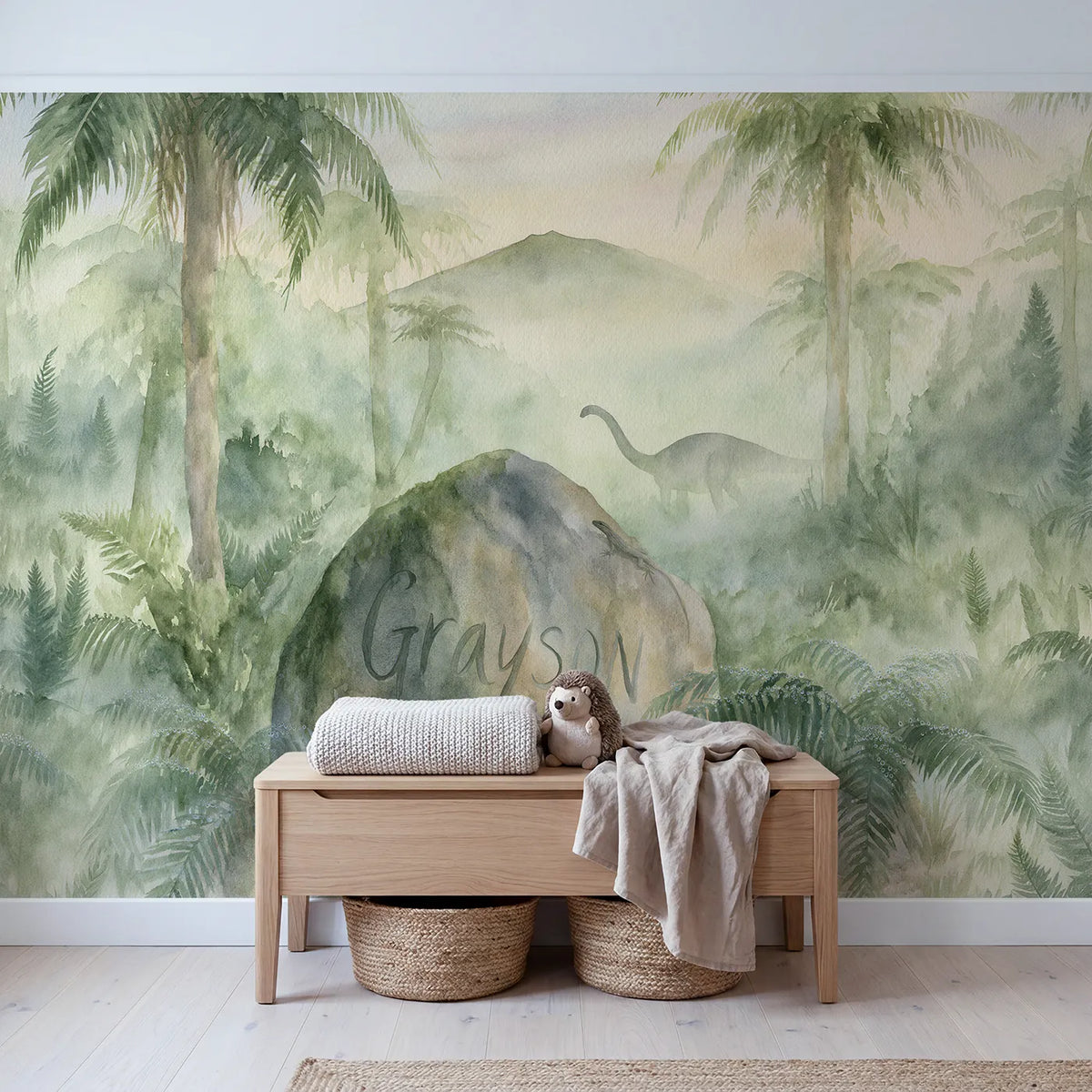 Misty Fern Valley Boulder Personalized Wall Mural in playroom setting by Whimsy Tots