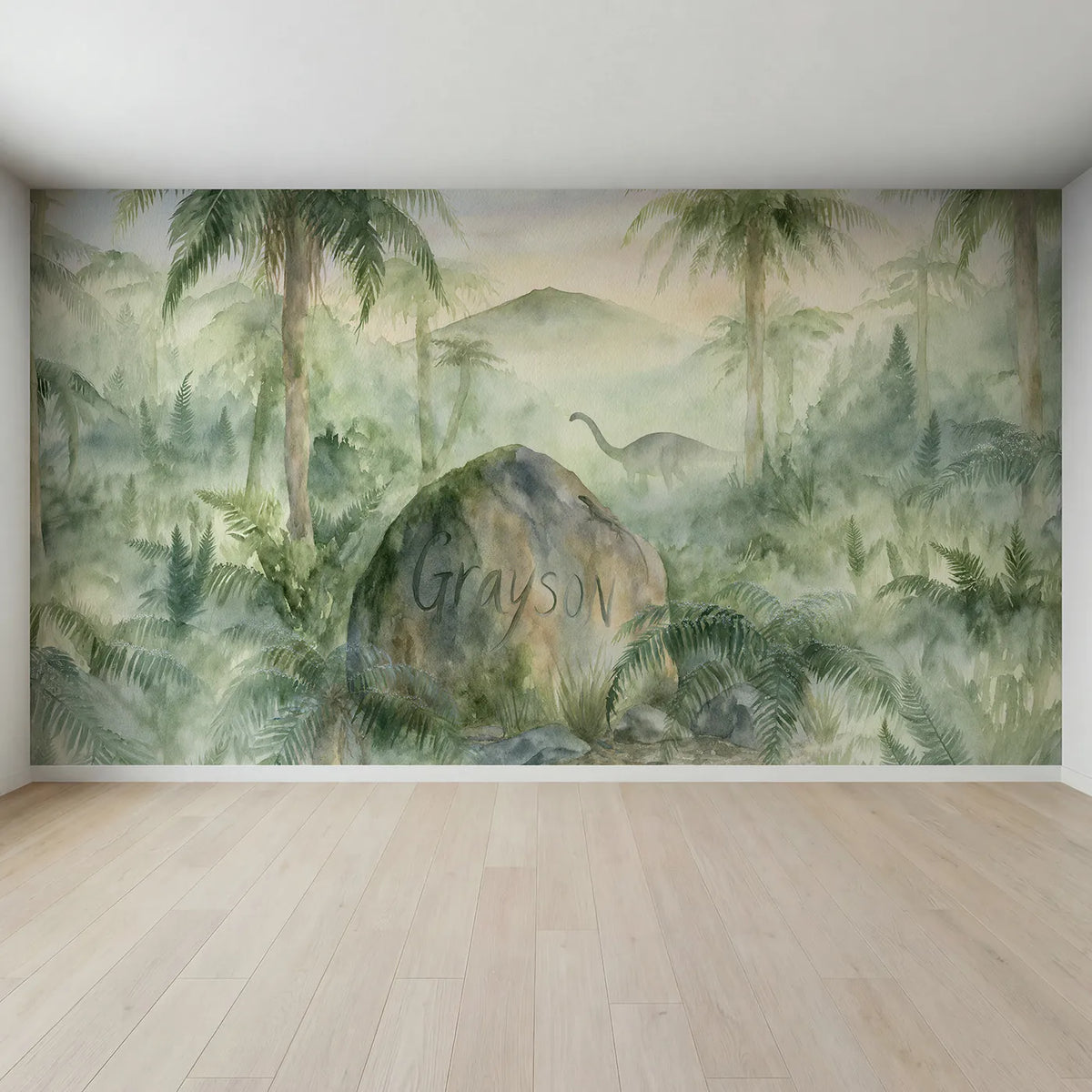 Full view of Misty Fern Valley Boulder Personalized Wall Mural by Whimsy Tots