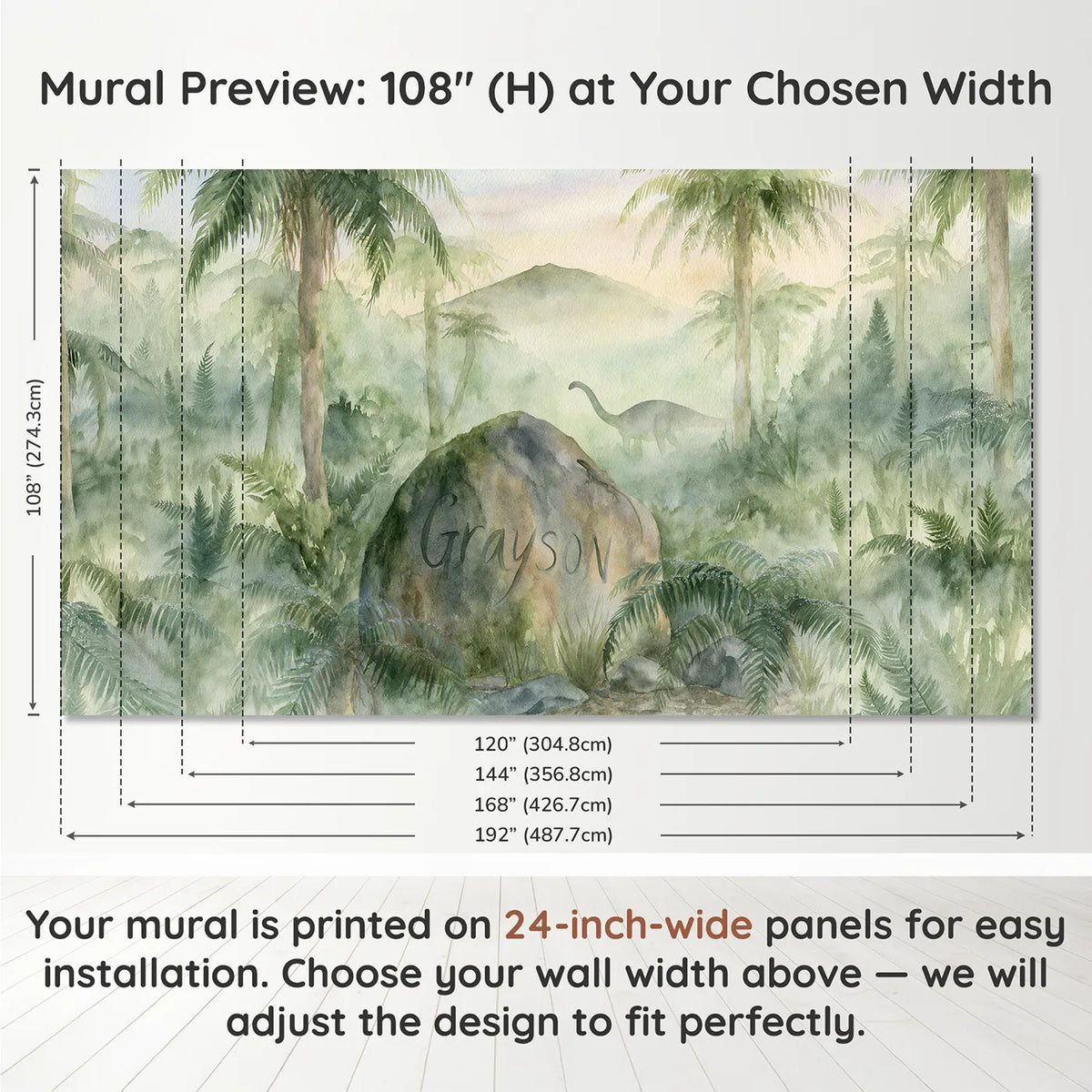 Panel layout and dimensions for Misty Fern Valley Boulder Personalized Wall Mural by Whimsy Tots