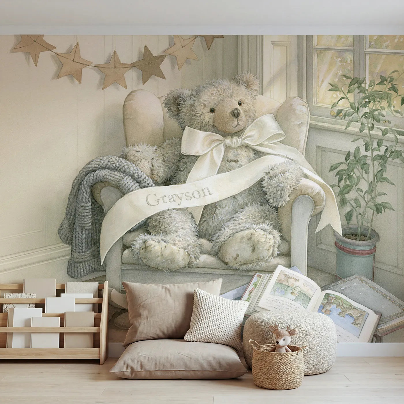 Storybook teddy bear ribbon personalized wall mural with embroidered satin band by Whimsy Tots