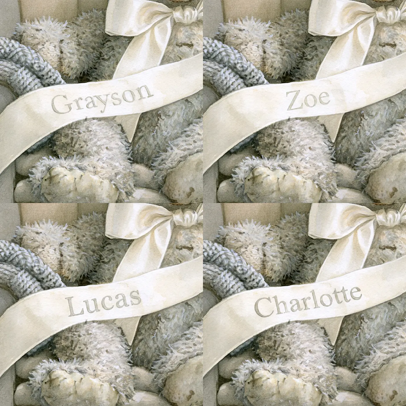 Four name preview examples of Teddy Bear Ribbon Personalized Wall Mural by Whimsy Tots