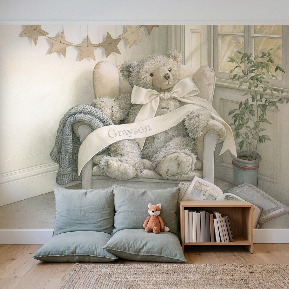 Teddy Bear Ribbon Personalized Wall Mural in playroom setting by Whimsy Tots