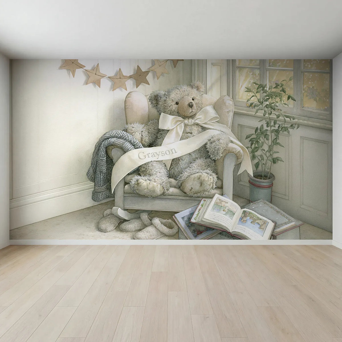 Full view of Teddy Bear Ribbon Personalized Wall Mural by Whimsy Tots