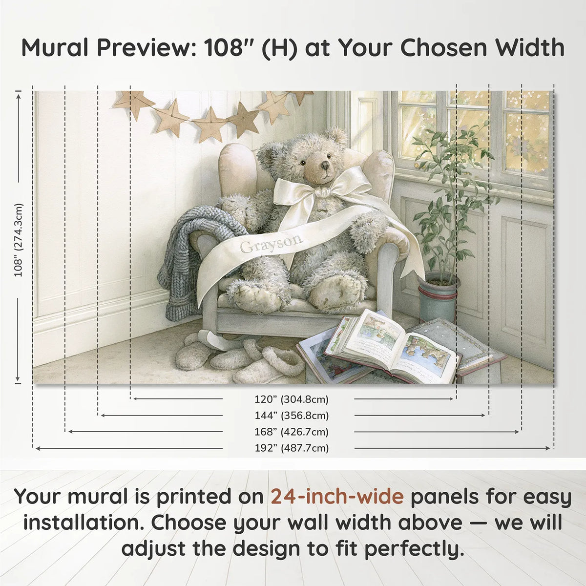 Panel layout and dimensions for Teddy Bear Ribbon Personalized Wall Mural by Whimsy Tots