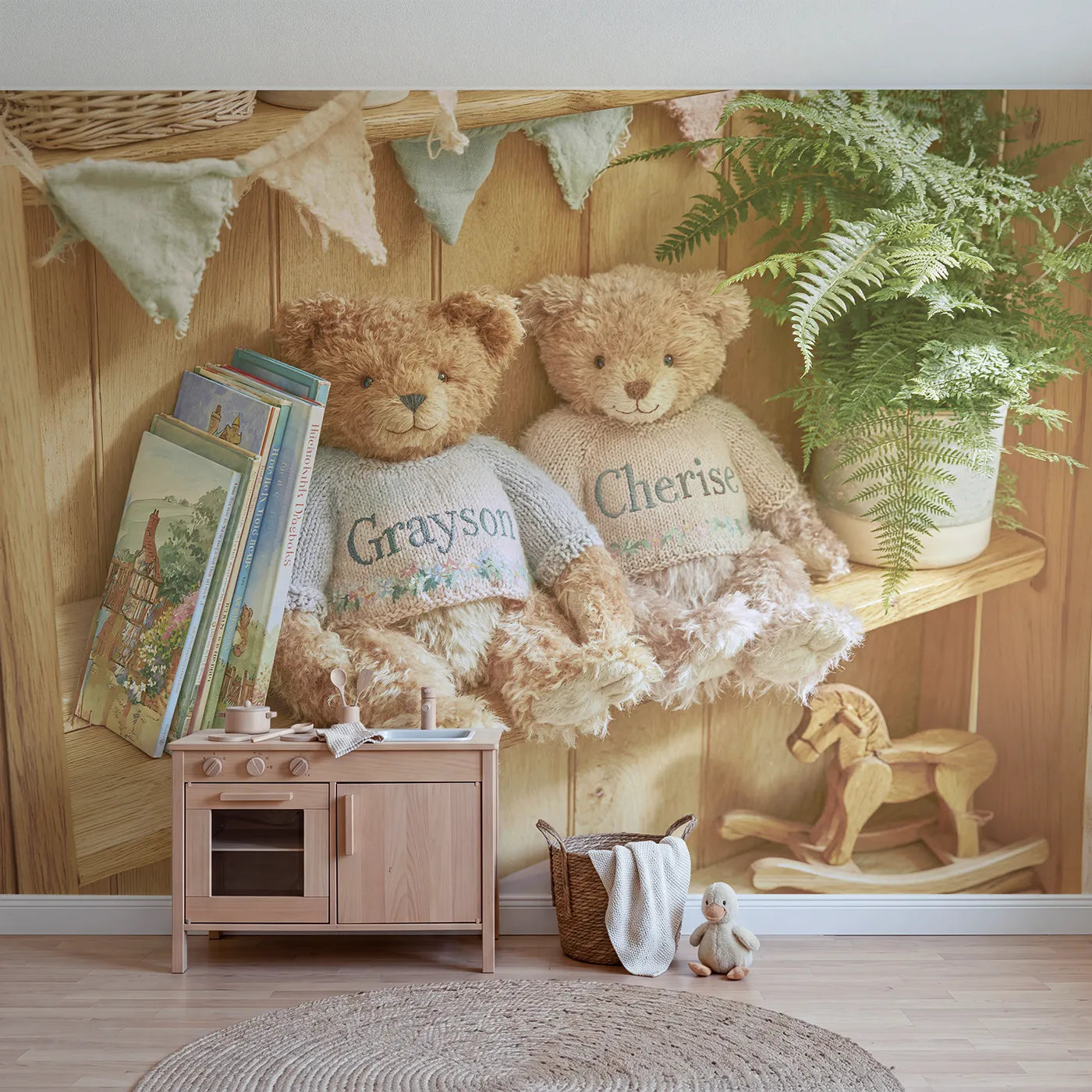 Storybook two teddy bears personalized wall mural with knitted jumper names by Whimsy Tots