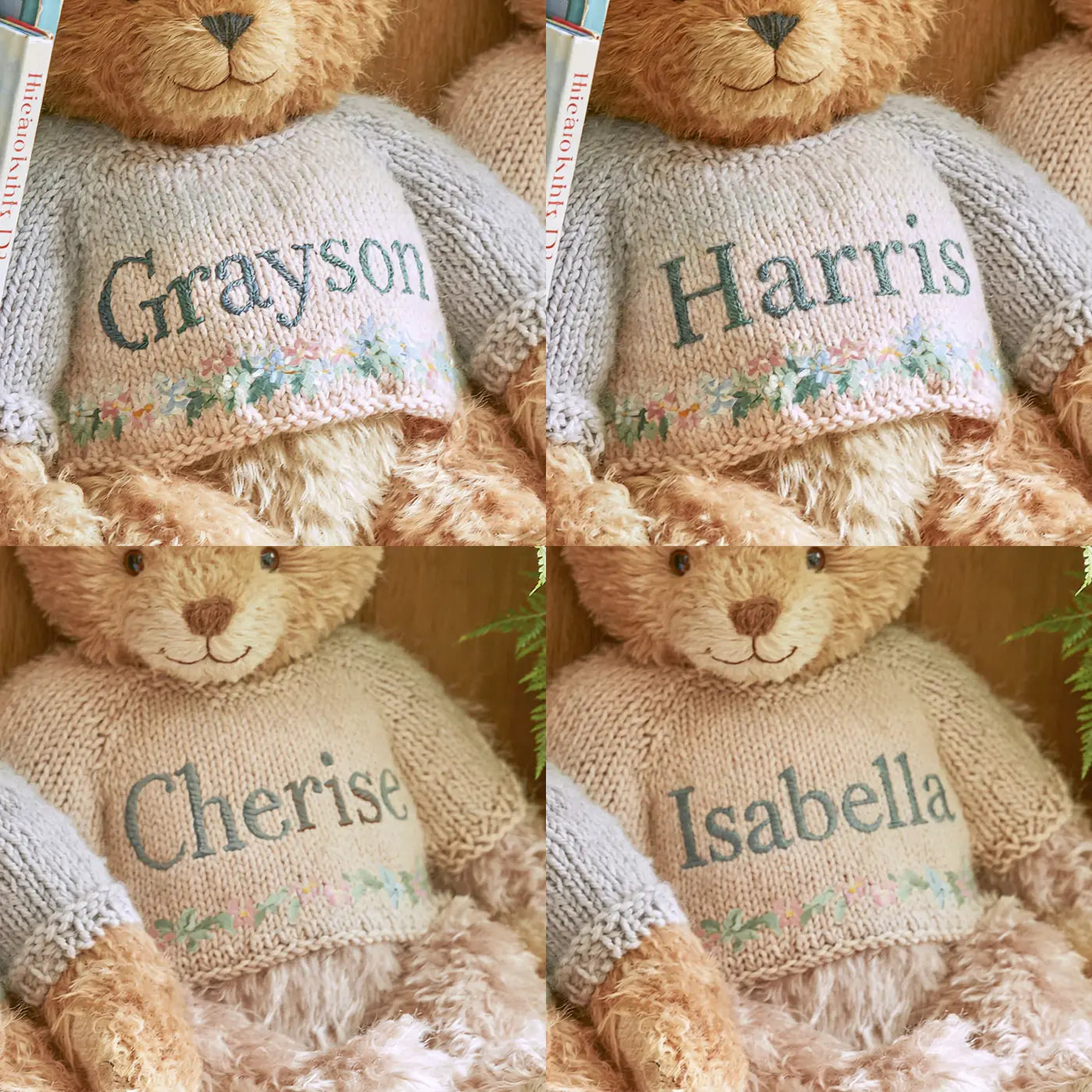 Four name preview examples of Two Teddies on the Shelf Personalized Wall Mural by Whimsy Tots