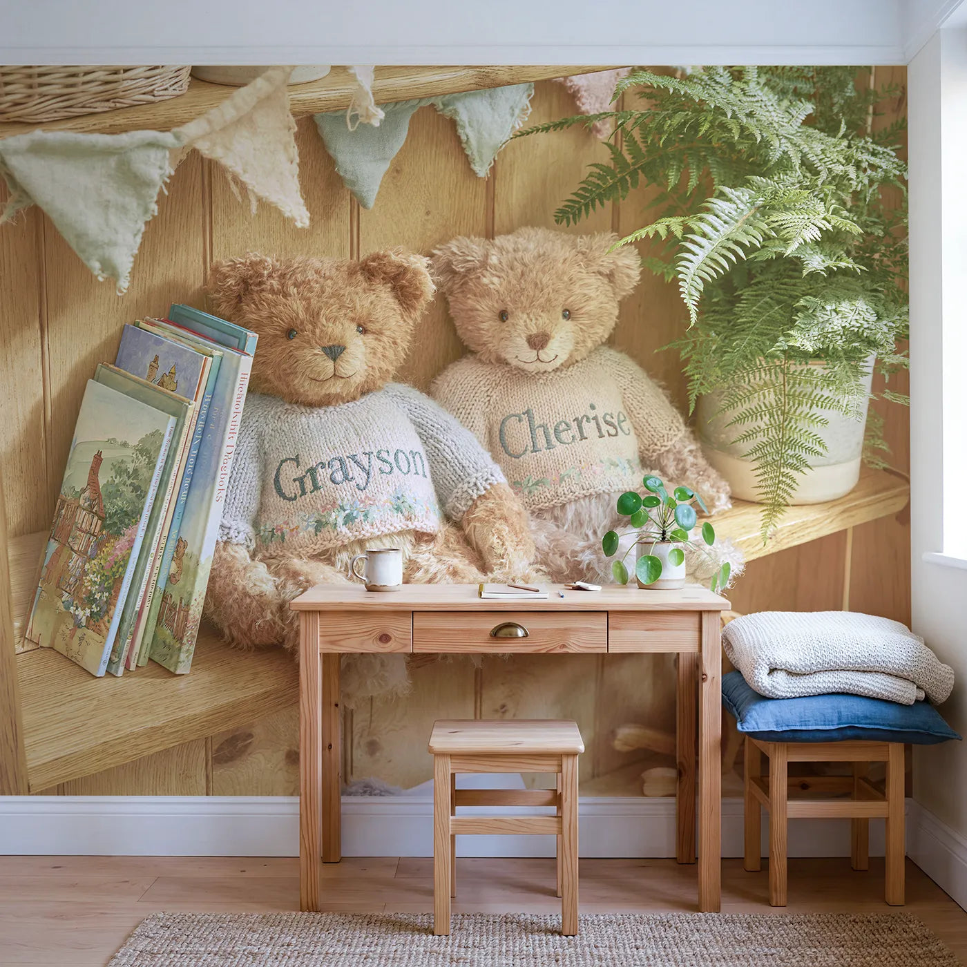 Two Teddies on the Shelf Personalized Wall Mural in playroom setting by Whimsy Tots