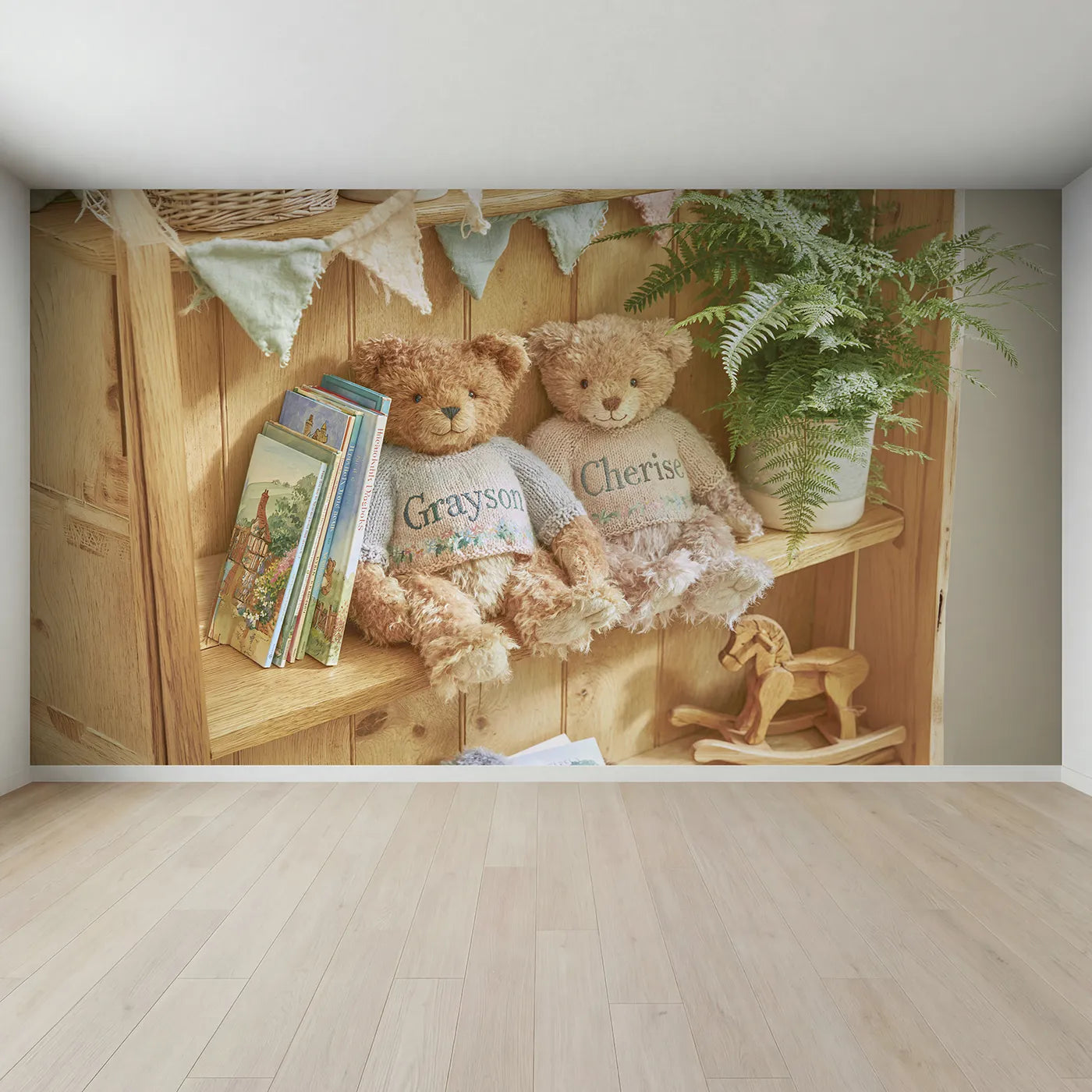 Full view of Two Teddies on the Shelf Personalized Wall Mural by Whimsy Tots