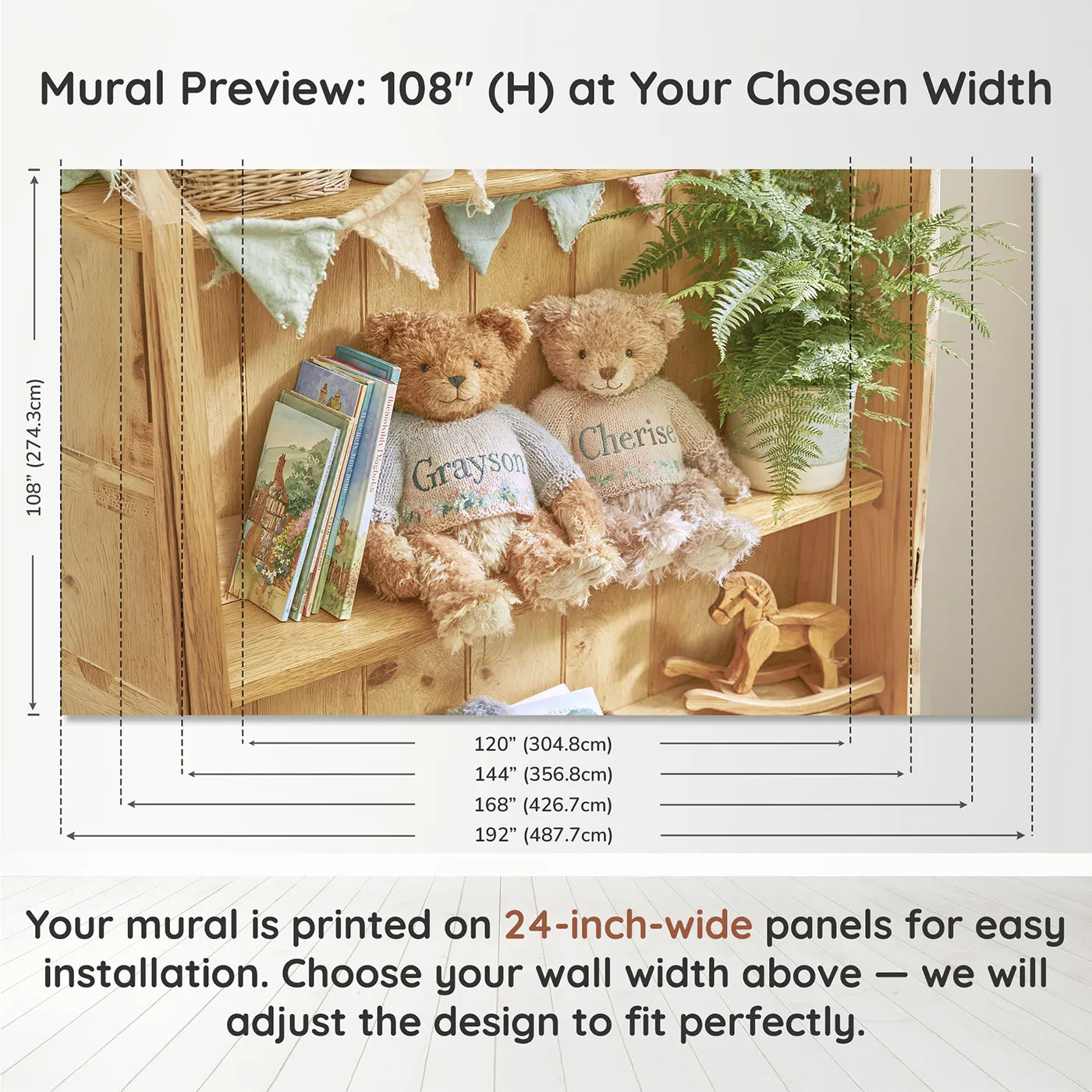 Panel layout and dimensions for Two Teddies on the Shelf Personalized Wall Mural by Whimsy Tots