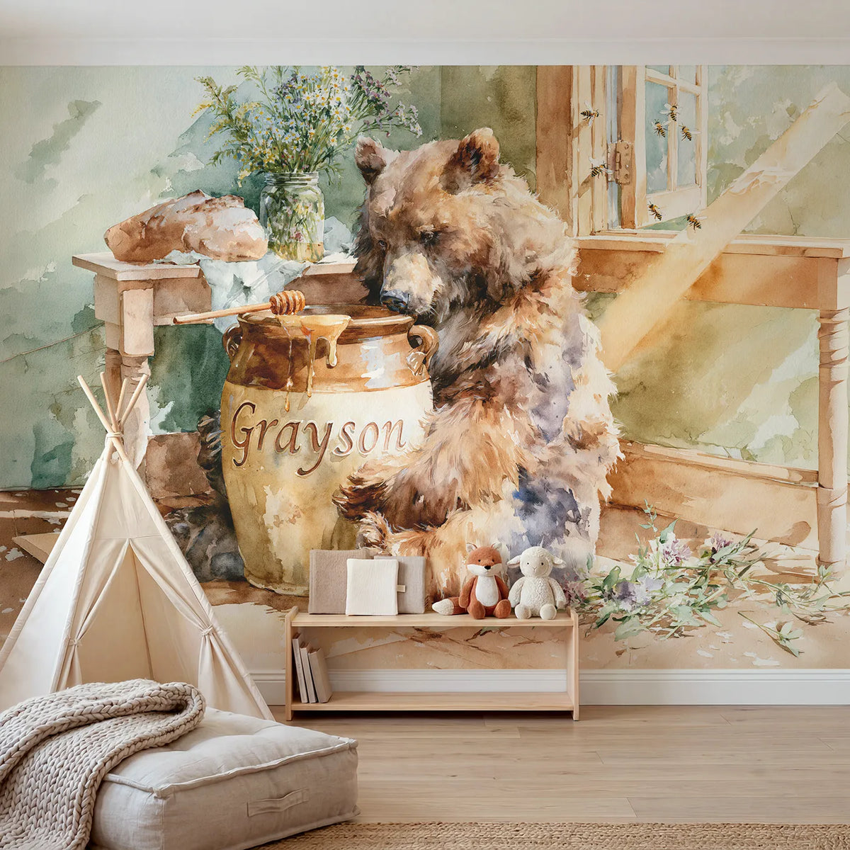 Watercolor bear and honey crock personalized wall mural with glazed lettered belly by Whimsy Tots