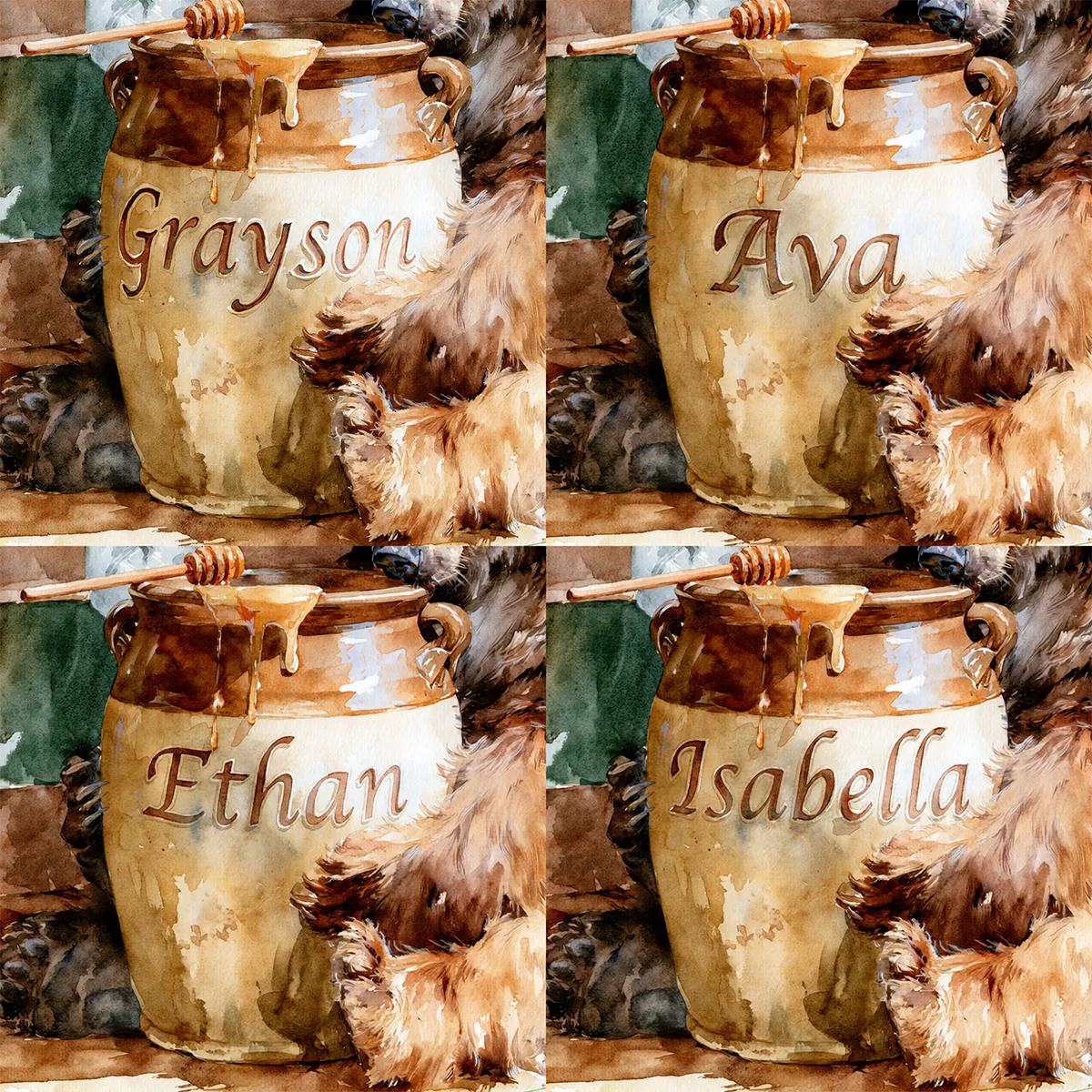 Four name preview examples of Bear and the Honey Crock Personalized Wall Mural by Whimsy Tots