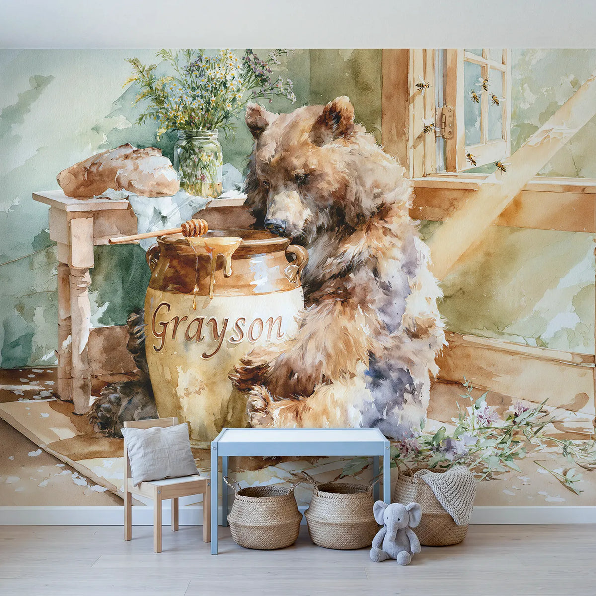 Bear and the Honey Crock Personalized Wall Mural in playroom setting by Whimsy Tots