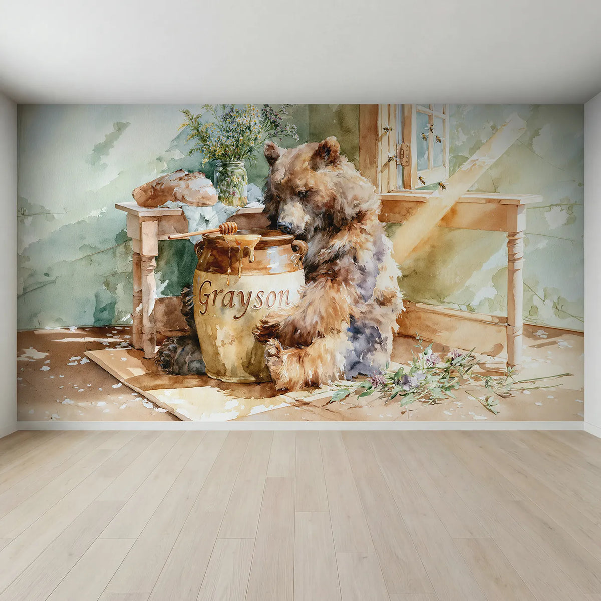 Full view of Bear and the Honey Crock Personalized Wall Mural by Whimsy Tots