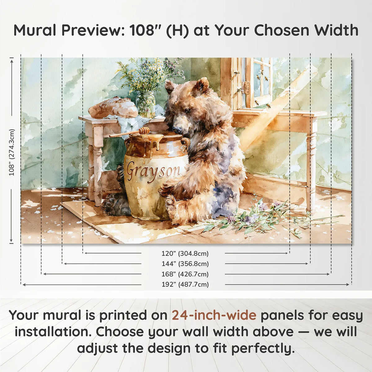 Panel layout and dimensions for Bear and the Honey Crock Personalized Wall Mural by Whimsy Tots