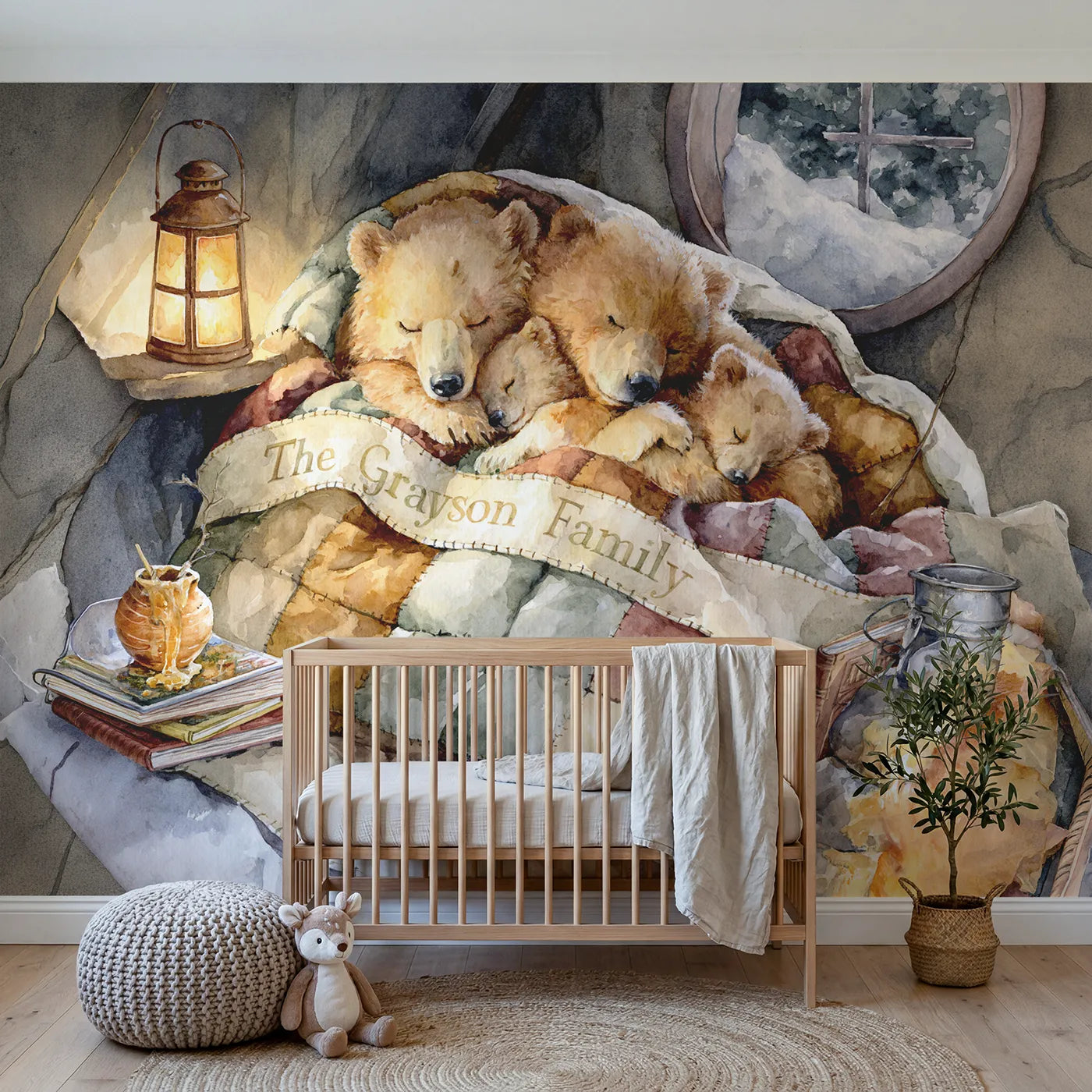 Watercolor family bear quilt personalized wall mural with stitched edge band by Whimsy Tots