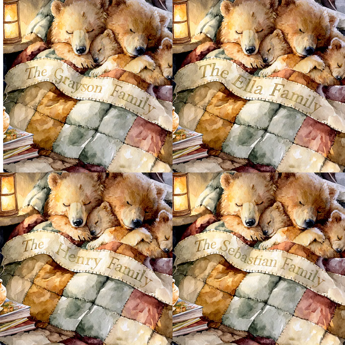 Four name preview examples of Family Bear Quilt Personalized Wall Mural by Whimsy Tots