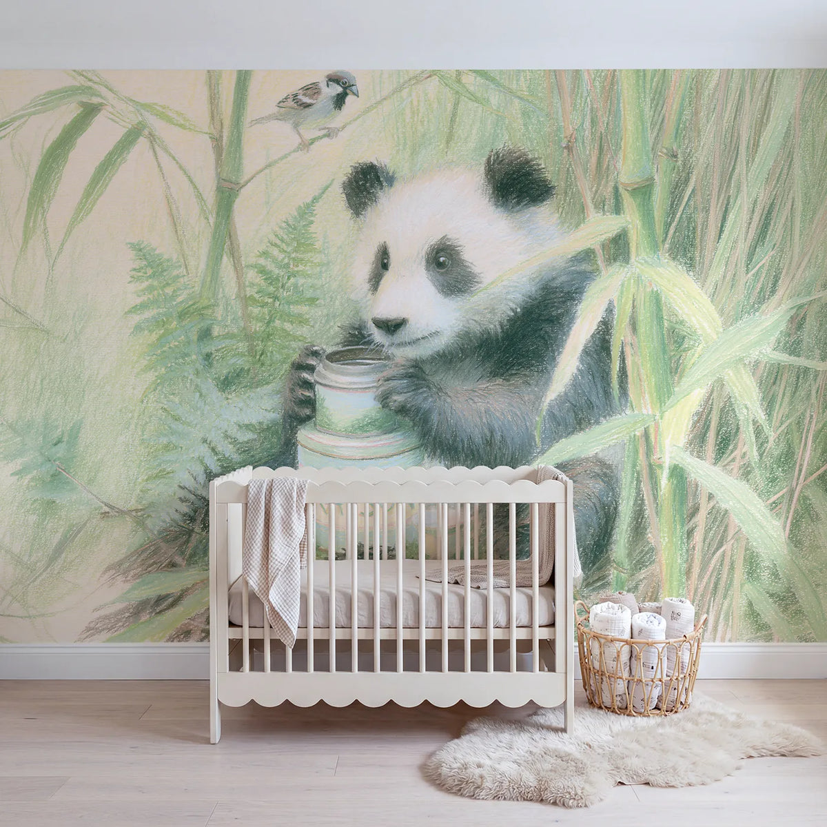 Colored pencil panda tea caddy personalized wall mural with lettered tin body by Whimsy Tots
