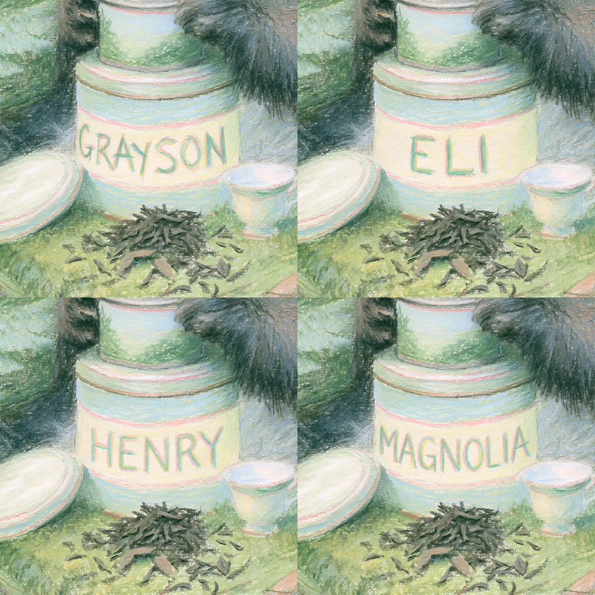 Four name preview examples of Panda and the Tea Tin Personalized Wall Mural by Whimsy Tots