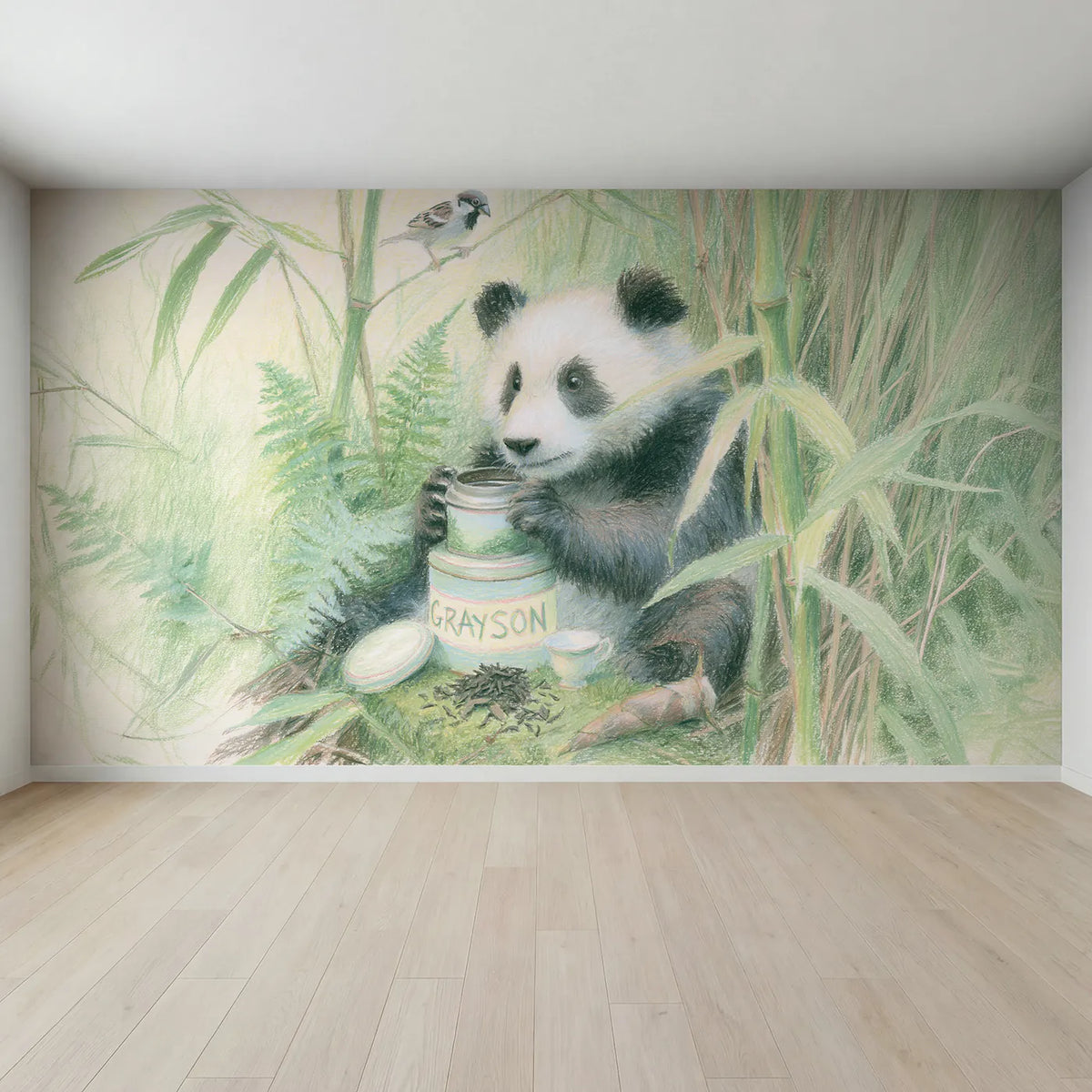 Full view of Panda and the Tea Tin Personalized Wall Mural by Whimsy Tots
