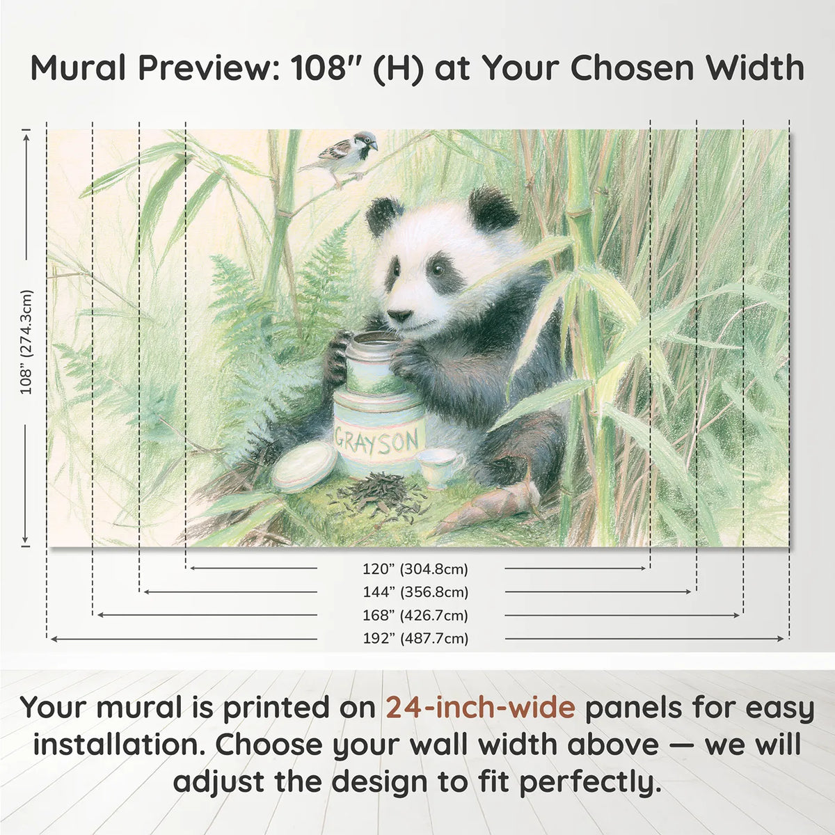 Panel layout and dimensions for Panda and the Tea Tin Personalized Wall Mural by Whimsy Tots