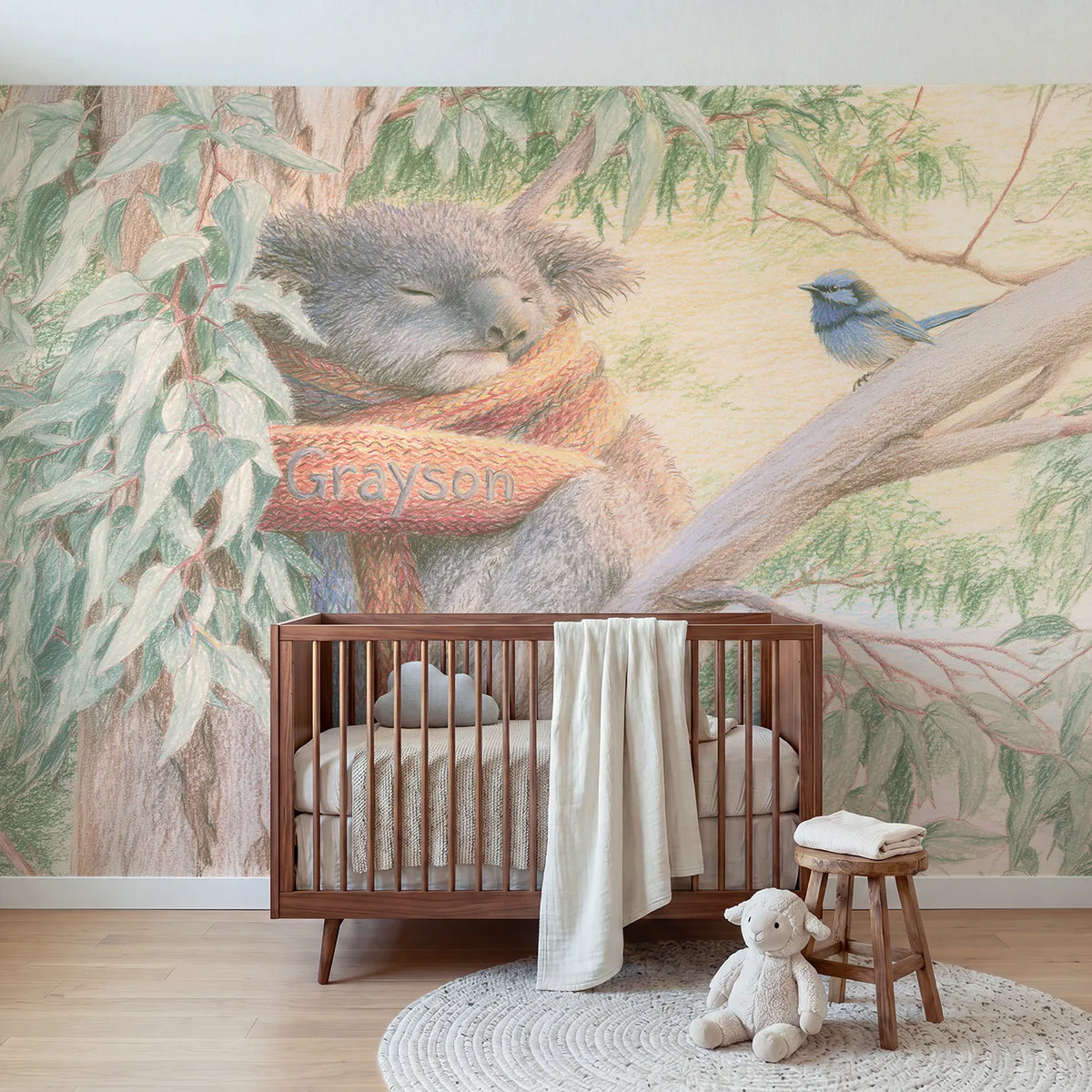 Colored pencil sleepy koala personalized wall mural with knitted woollen scarf end by Whimsy Tots