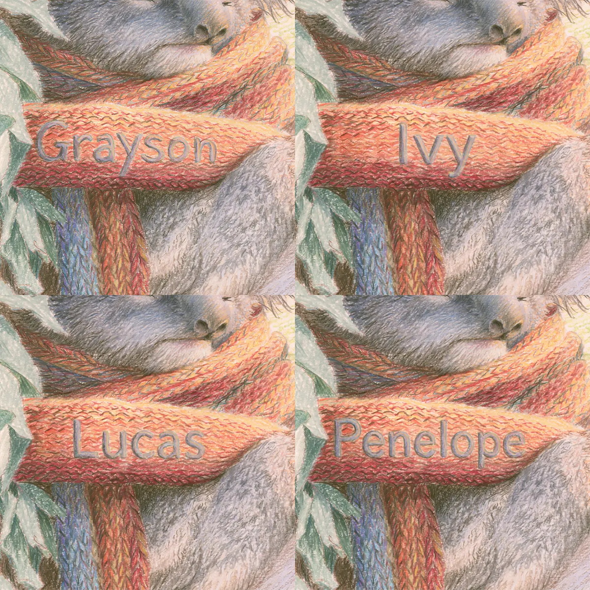 Four name preview examples of Koala Knitted Scarf Personalized Wall Mural by Whimsy Tots