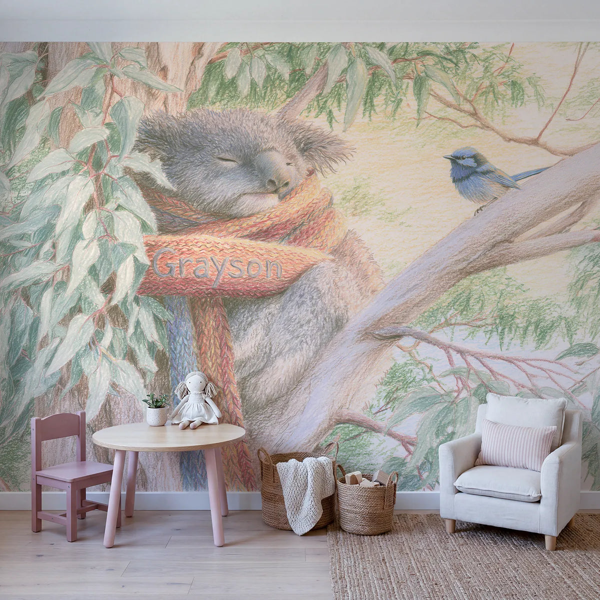 Koala Knitted Scarf Personalized Wall Mural in playroom setting by Whimsy Tots