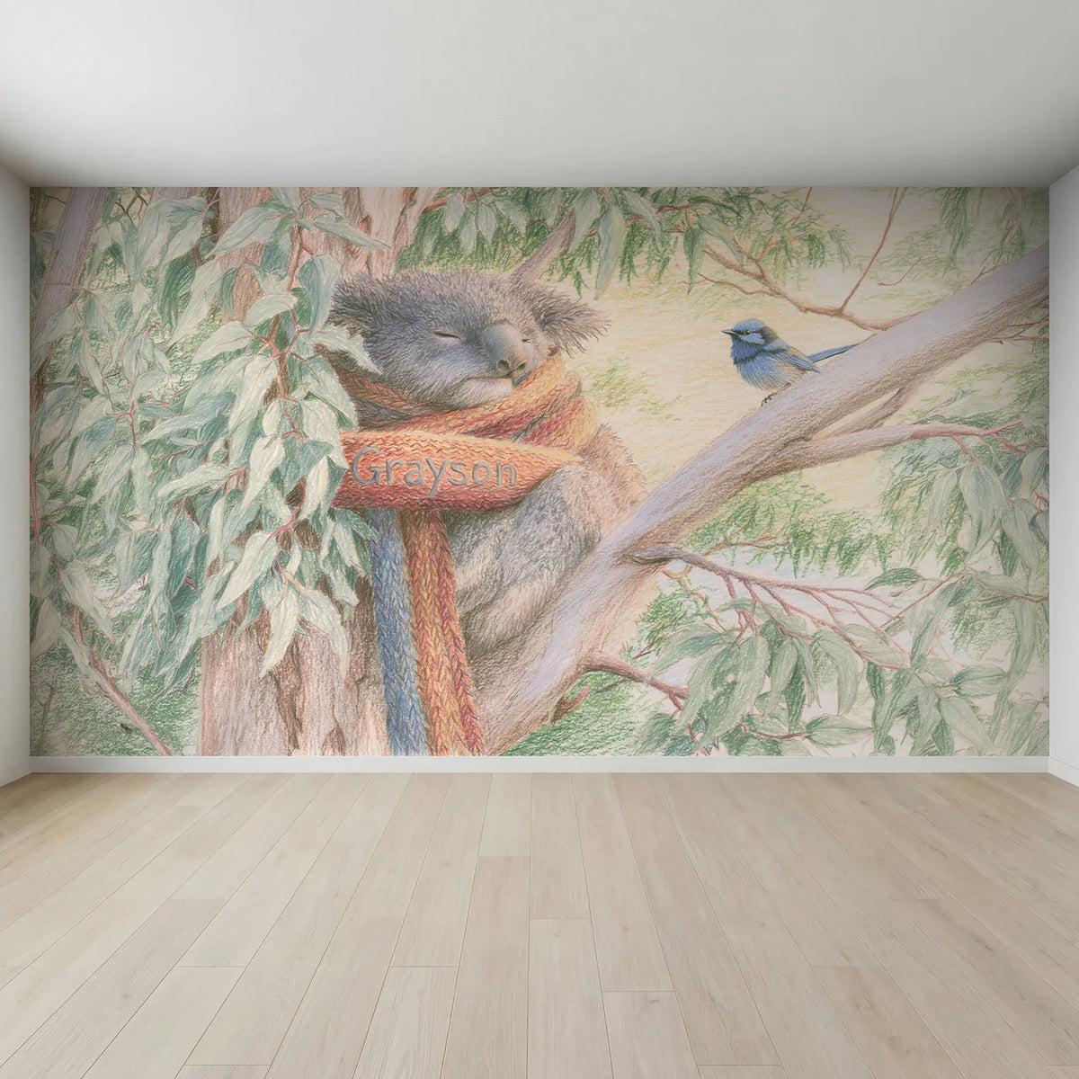 Full view of Koala Knitted Scarf Personalized Wall Mural by Whimsy Tots