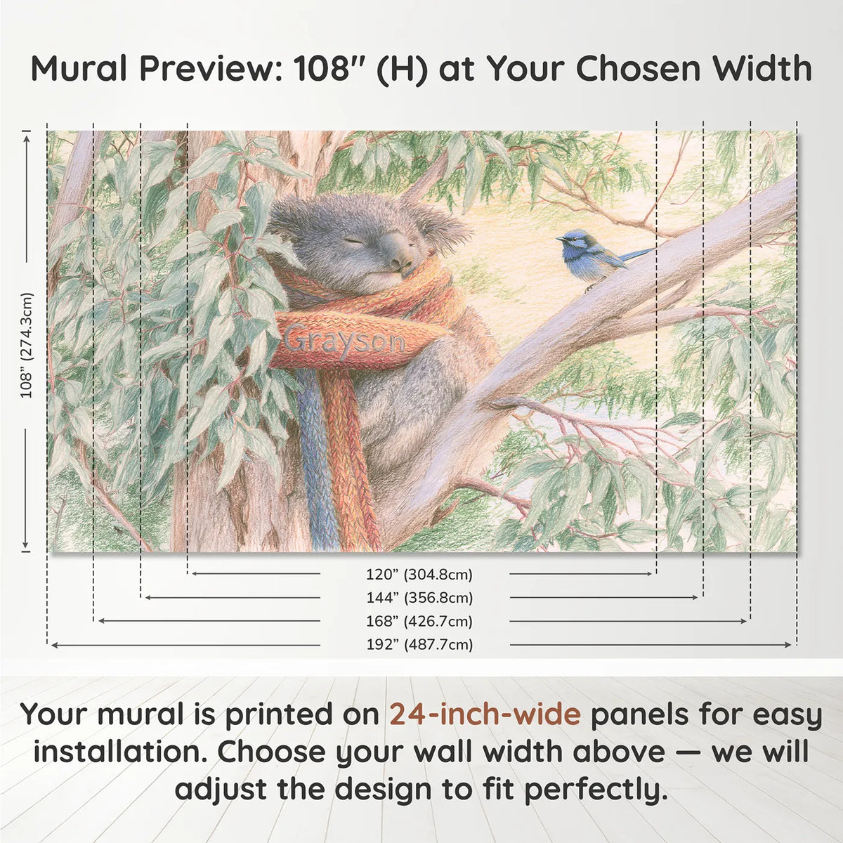 Panel layout and dimensions for Koala Knitted Scarf Personalized Wall Mural by Whimsy Tots
