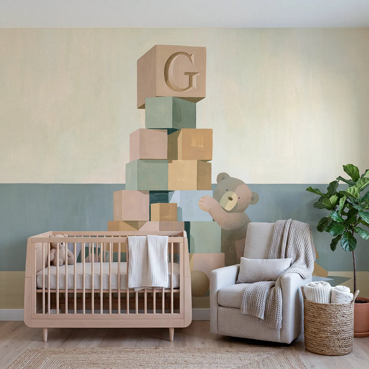 Modern illustration nursery block tower personalized wall mural with carved top face by Whimsy Tots