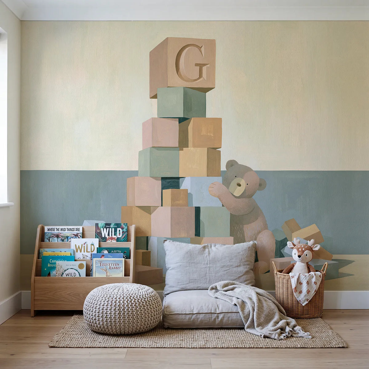 Flat Bear Building Blocks Personalized Wall Mural in playroom setting by Whimsy Tots