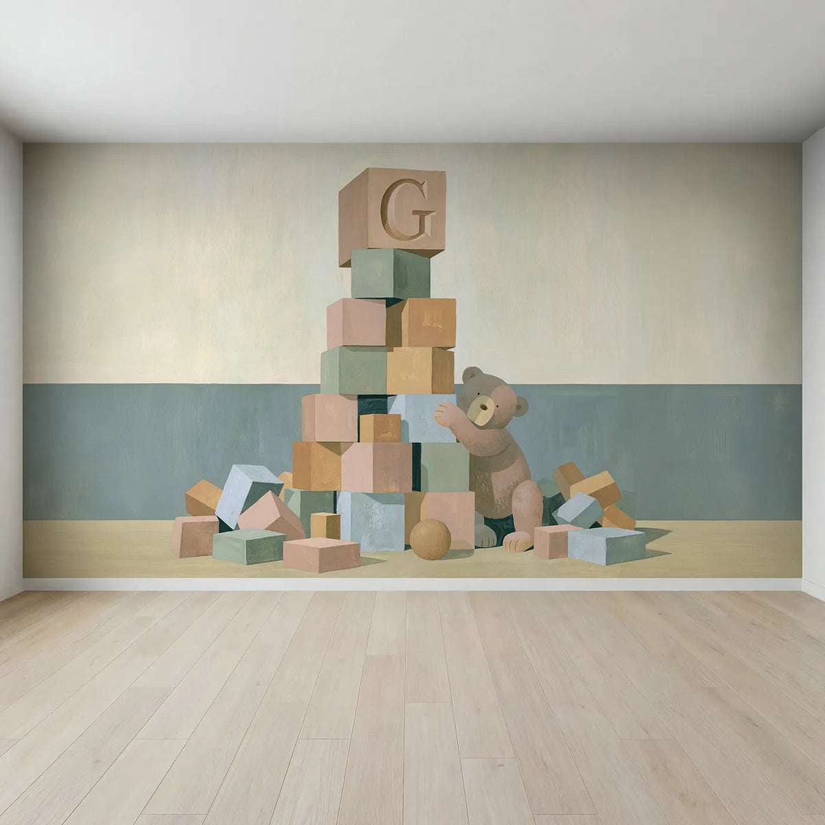 Full view of Flat Bear Building Blocks Personalized Wall Mural by Whimsy Tots