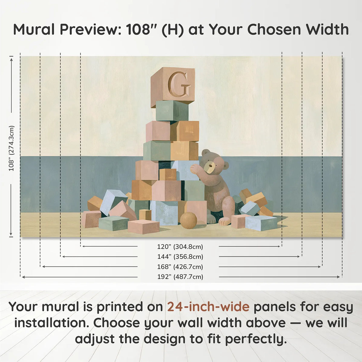Panel layout and dimensions for Flat Bear Building Blocks Personalized Wall Mural by Whimsy Tots