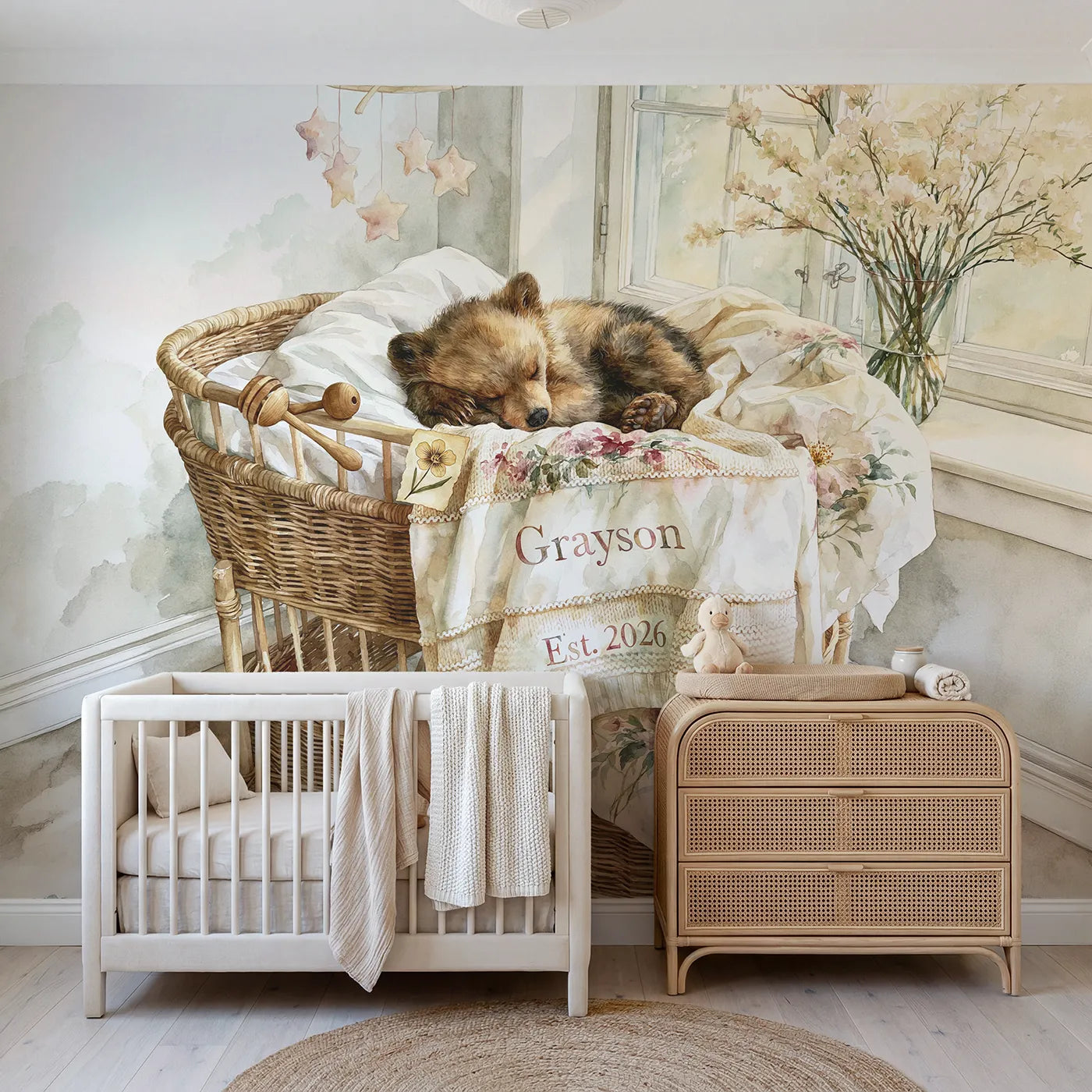 Watercolor bear cub birth blanket personalized wall mural with knitted band and year by Whimsy Tots
