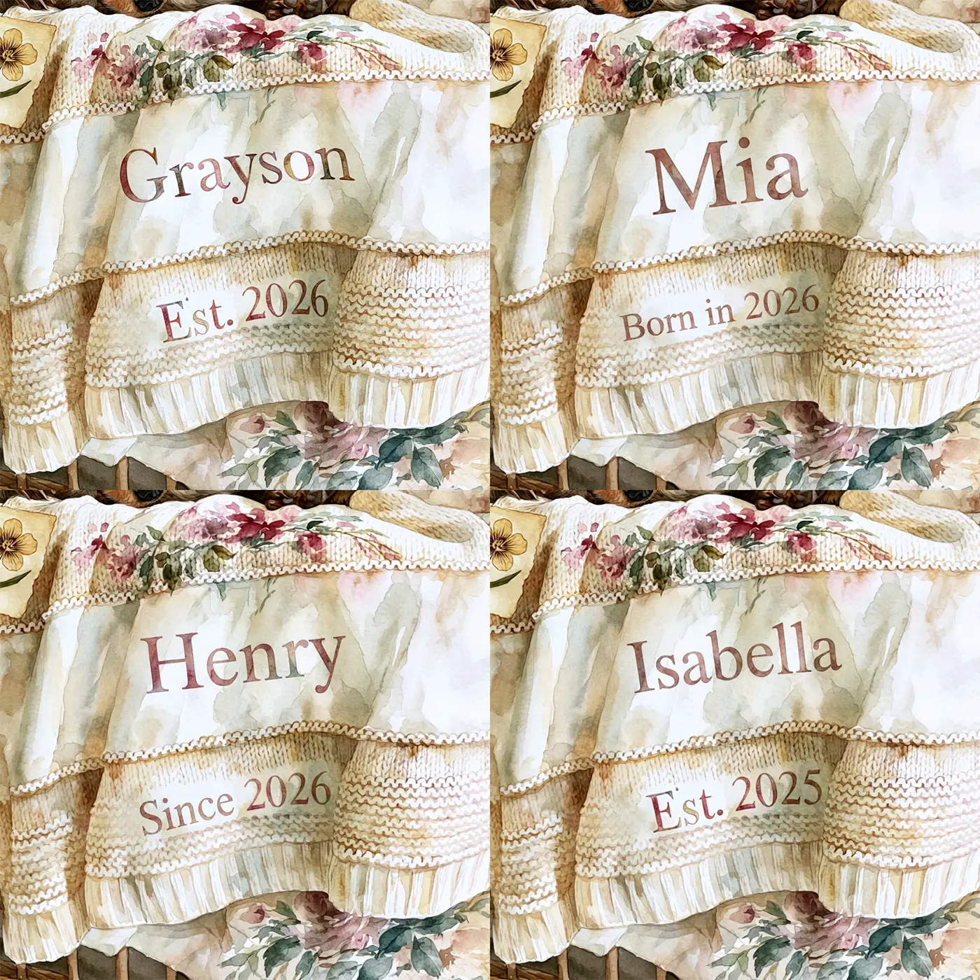 Four name preview examples of Bear Cub Birth Blanket Personalized Wall Mural by Whimsy Tots