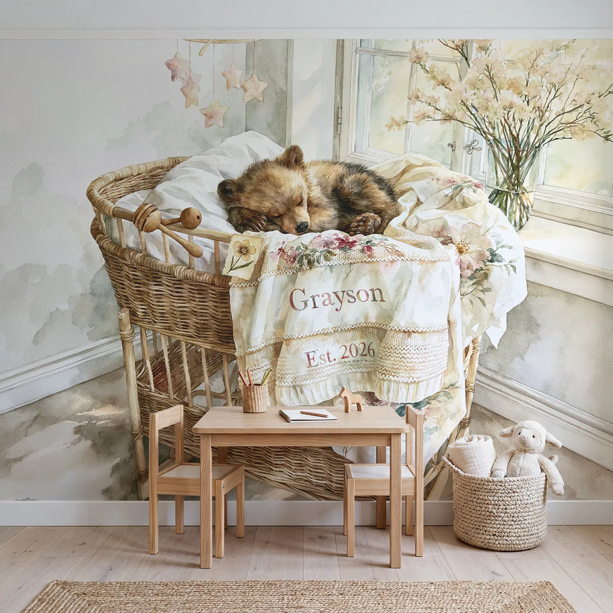 Bear Cub Birth Blanket Personalized Wall Mural in playroom setting by Whimsy Tots