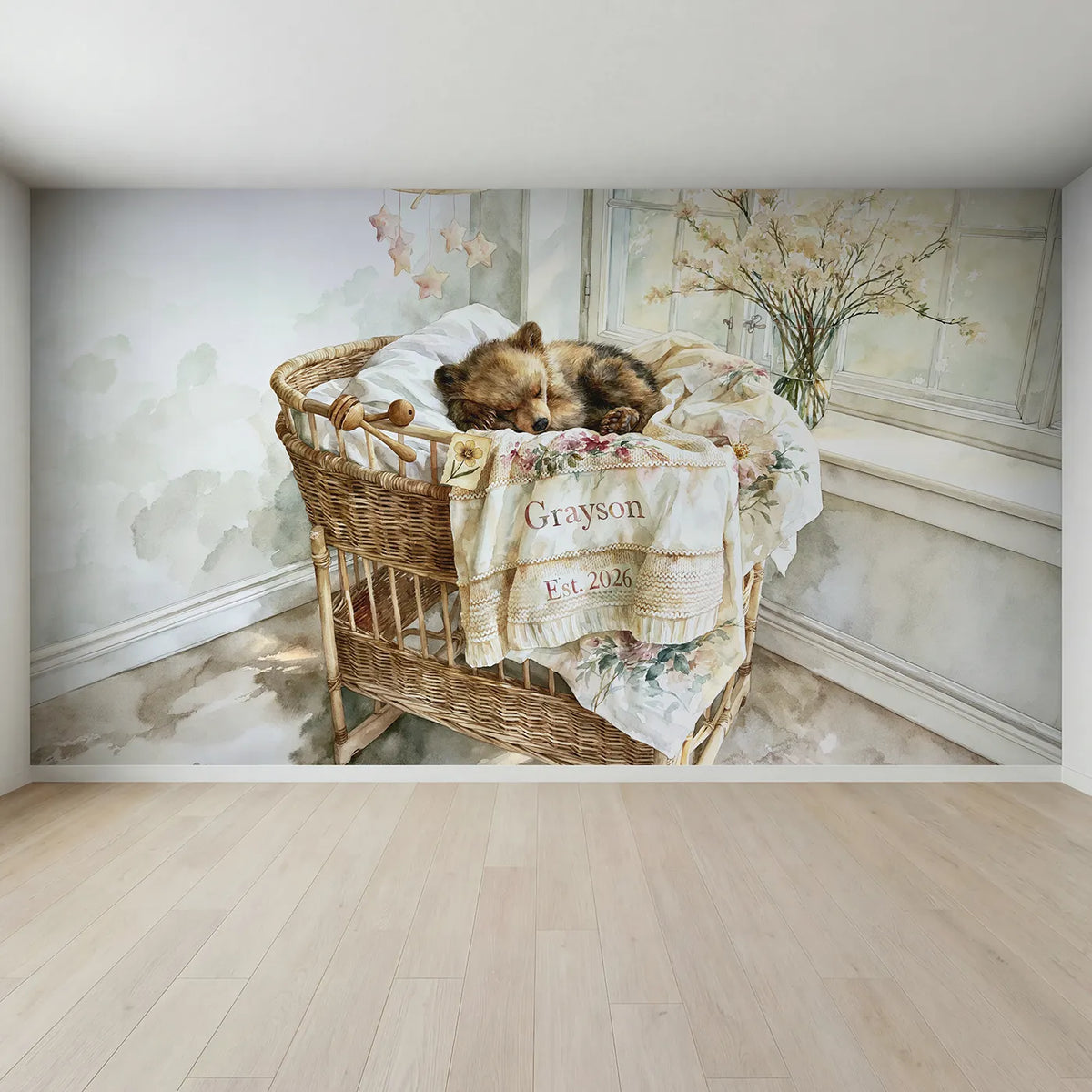 Full view of Bear Cub Birth Blanket Personalized Wall Mural by Whimsy Tots