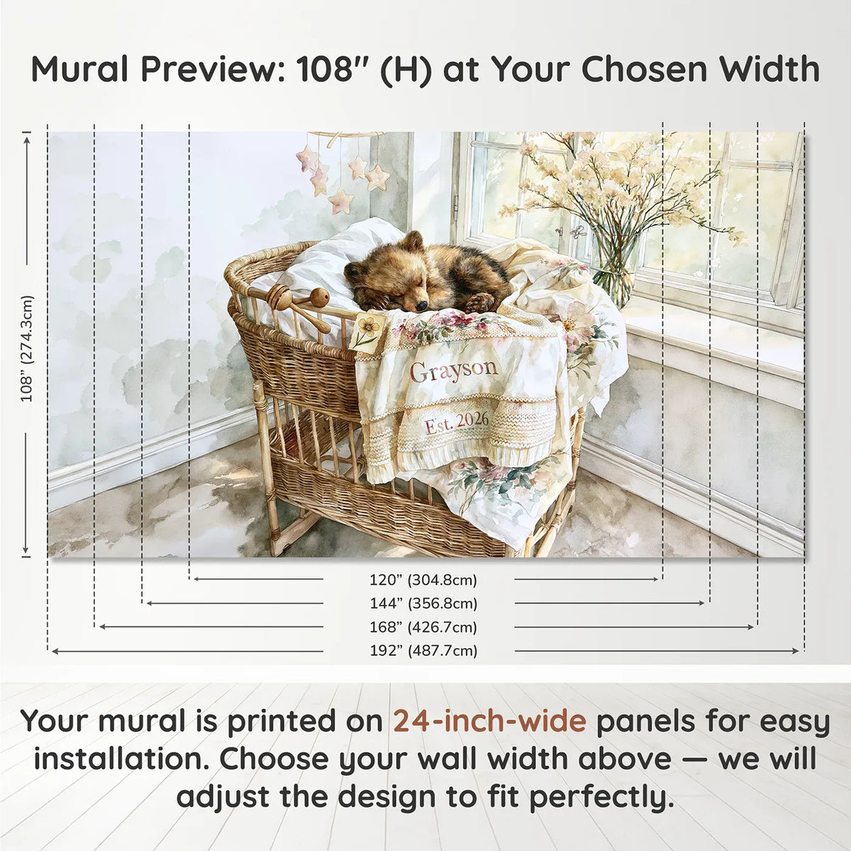 Panel layout and dimensions for Bear Cub Birth Blanket Personalized Wall Mural by Whimsy Tots