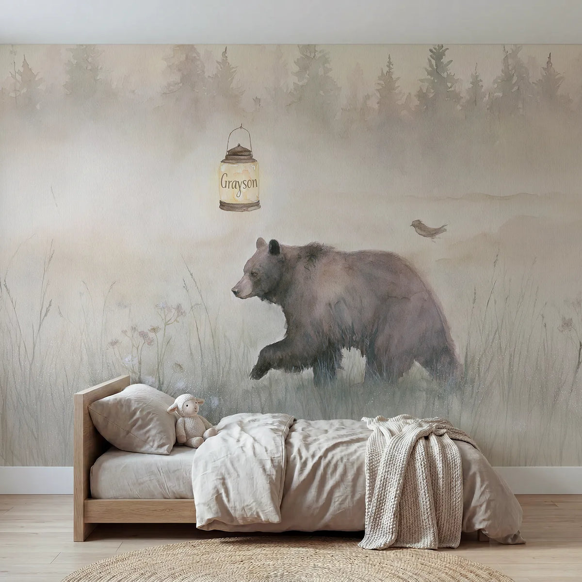 Watercolor misty meadow bear lantern personalized wall mural with etched glowing pane by Whimsy Tots